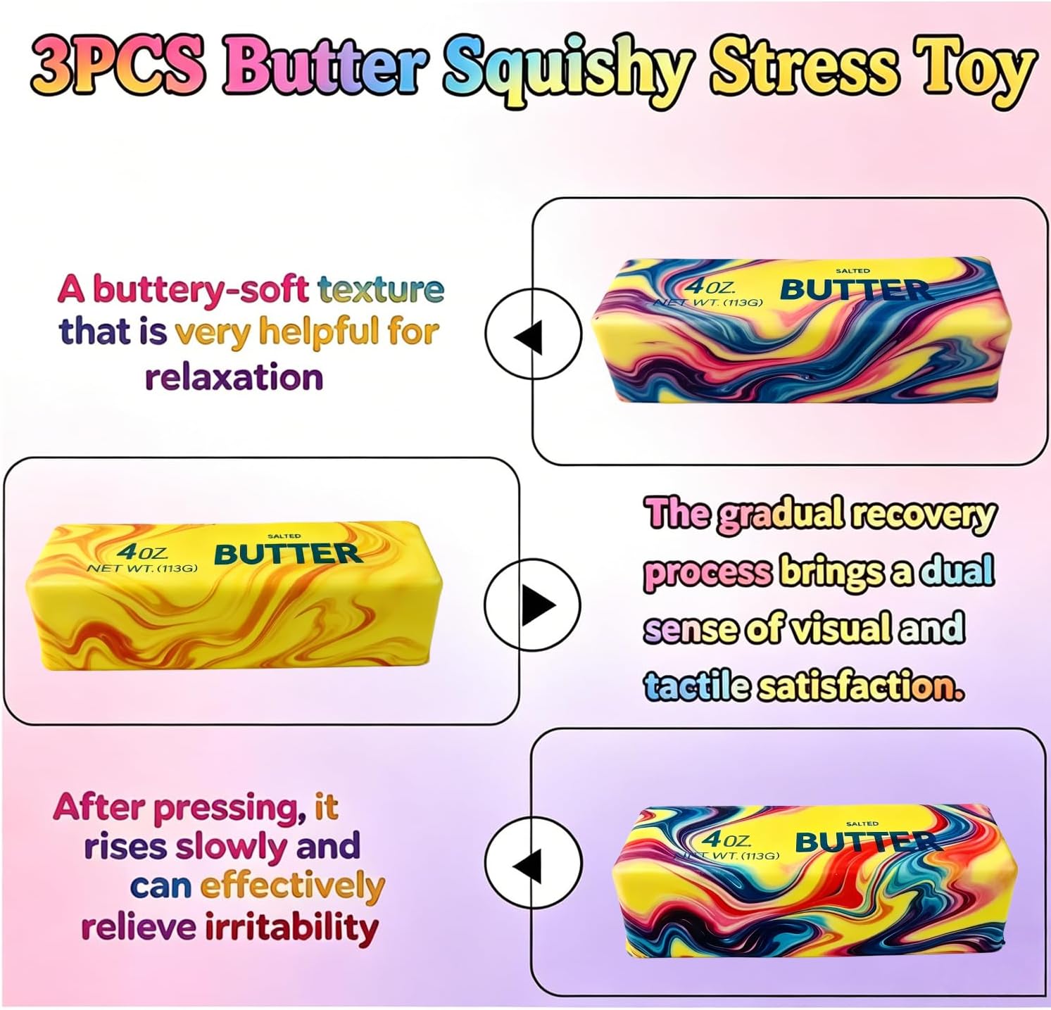 Detalle de 3PCS Butter Squishy Stress Toy — Soft Gel Fidget Set for Anxiety Relief and Focus