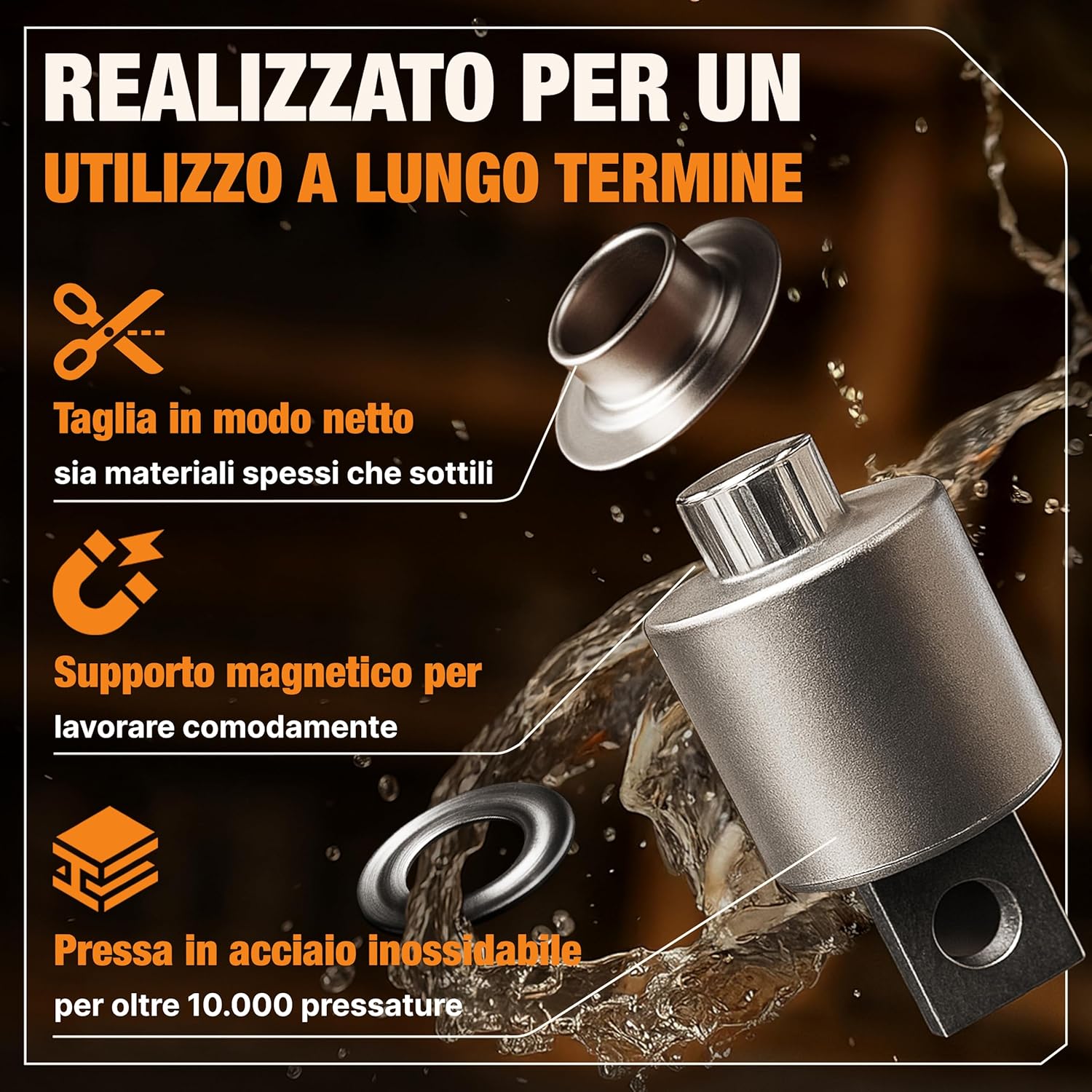 Detalle de BAURIX TALOS: pinze per occhielli 10 mm per teloni, tessuti e pelle – autofilettanti senza perforazioni