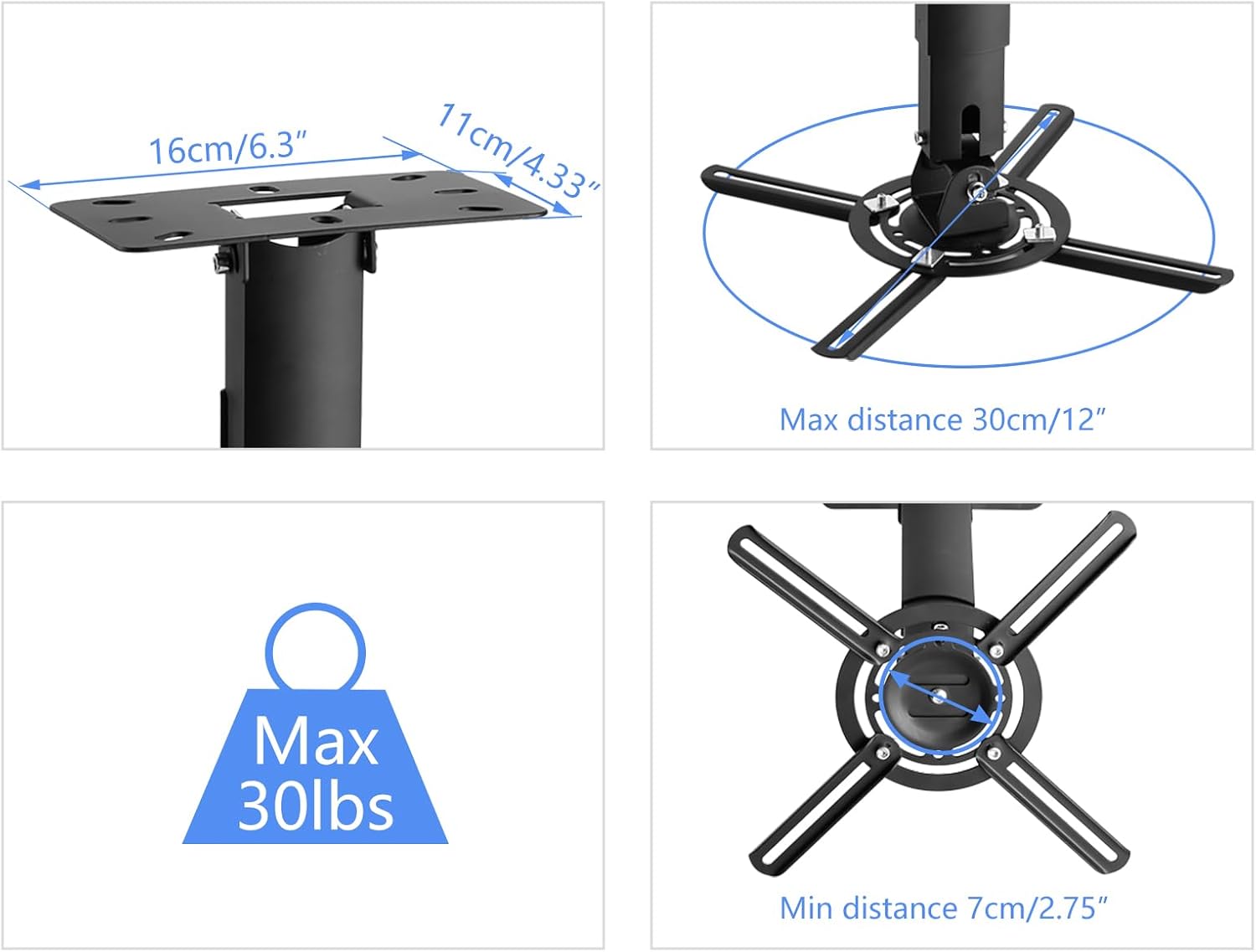 Detalle de suptek Beamer-Deckenhalterung PR05LB (780–1250 mm), 360° drehbar, bis 13,6 kg, schwarz