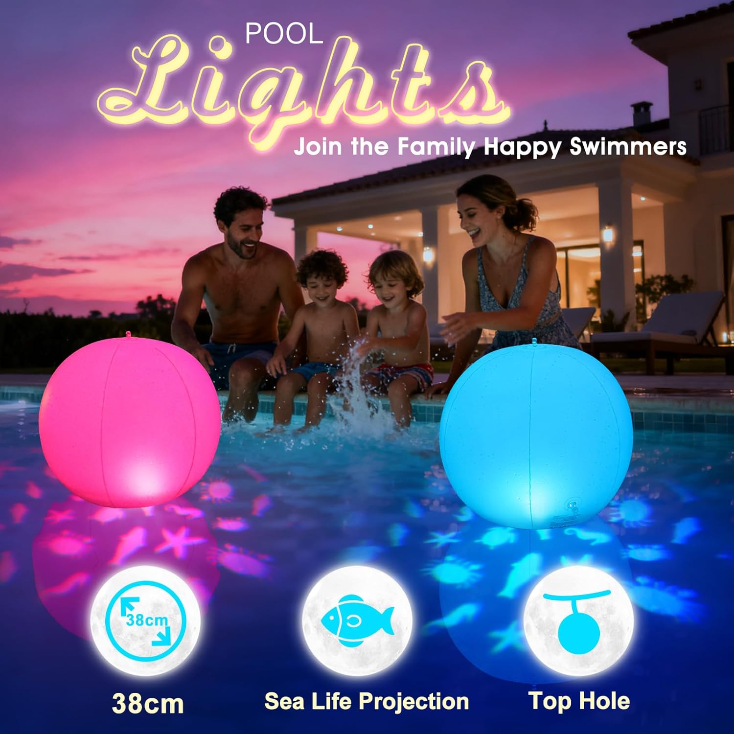 Thumbnail 1 de Luxfero Lampe Flottante Solaire LED – Balle Gonflable Piscine 35 cm (4 Pièces) avec Projection d’Animaux et Étanchéité IP68