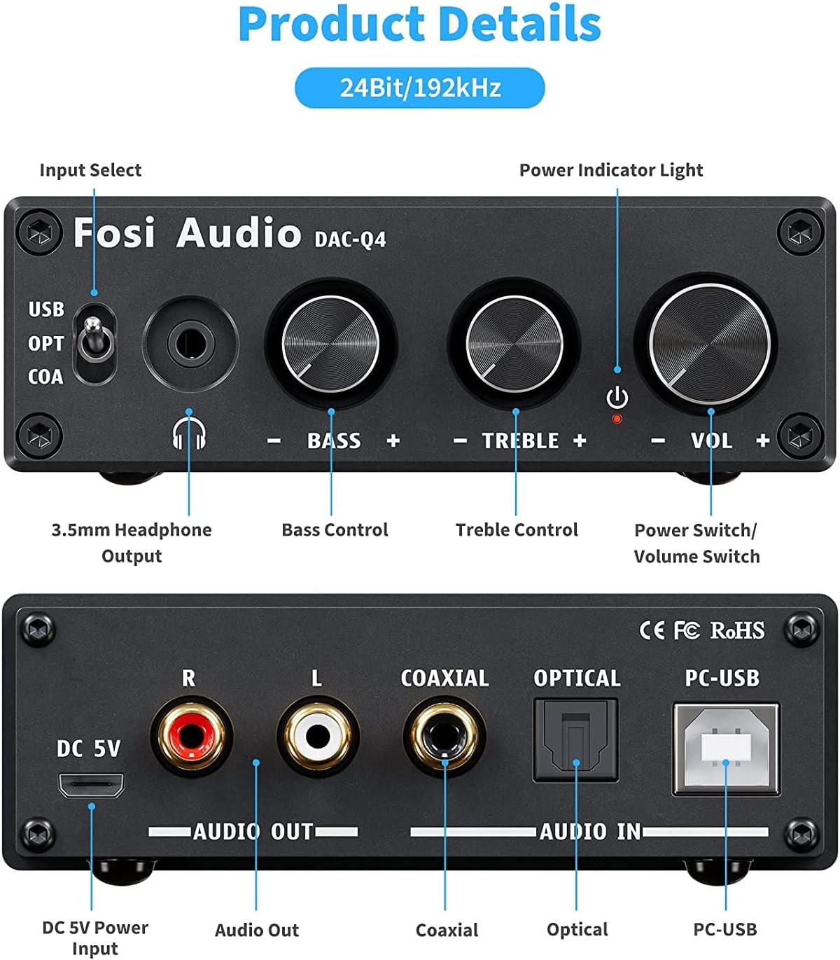 Detalle 2 de Fosi Audio Q4 — amplificateur de casque DAC USB (192 kHz) avec entrées USB, optiques et coaxiales