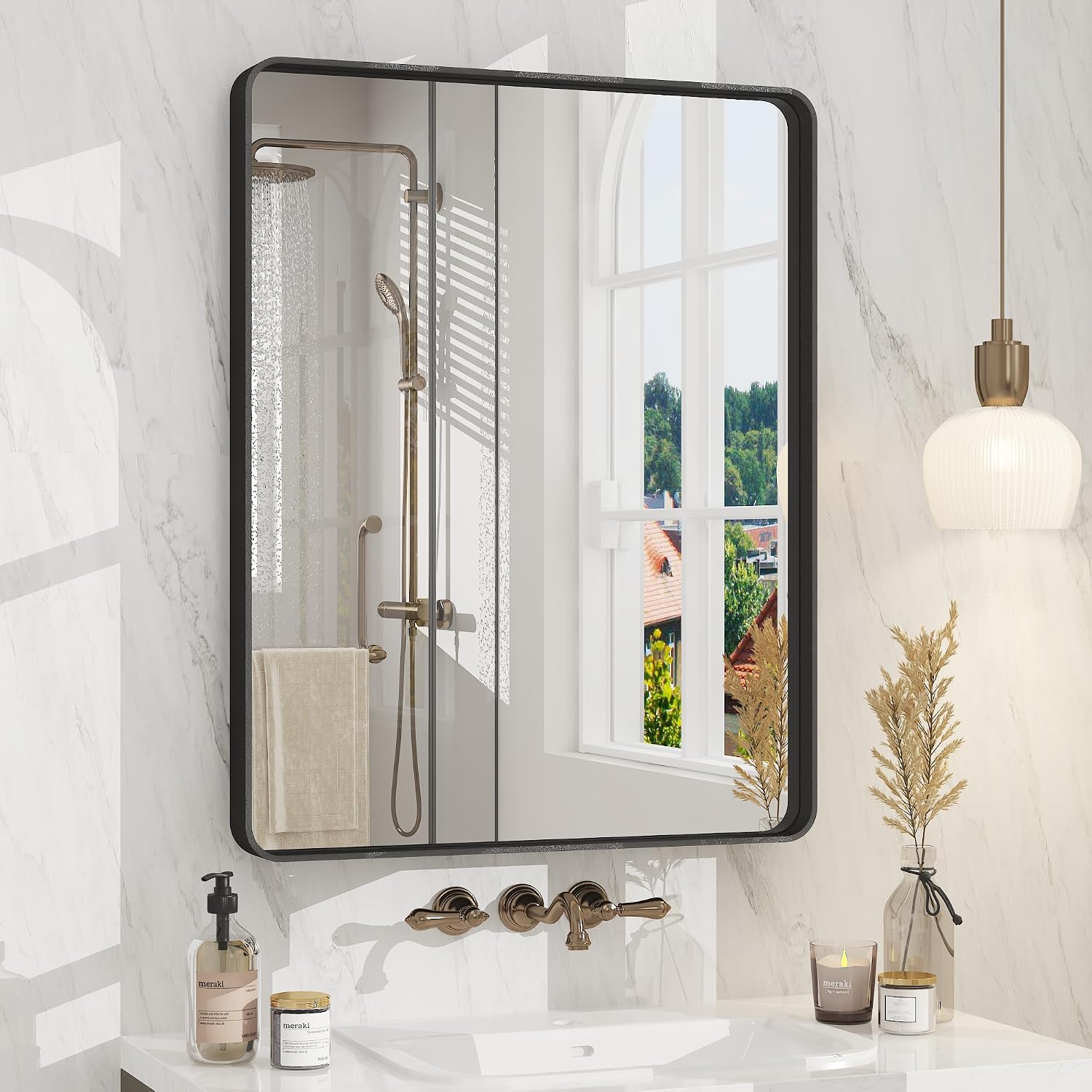 Detalle de CHARMOR 24x30 Inch Black Metal Framed Bathroom Mirror