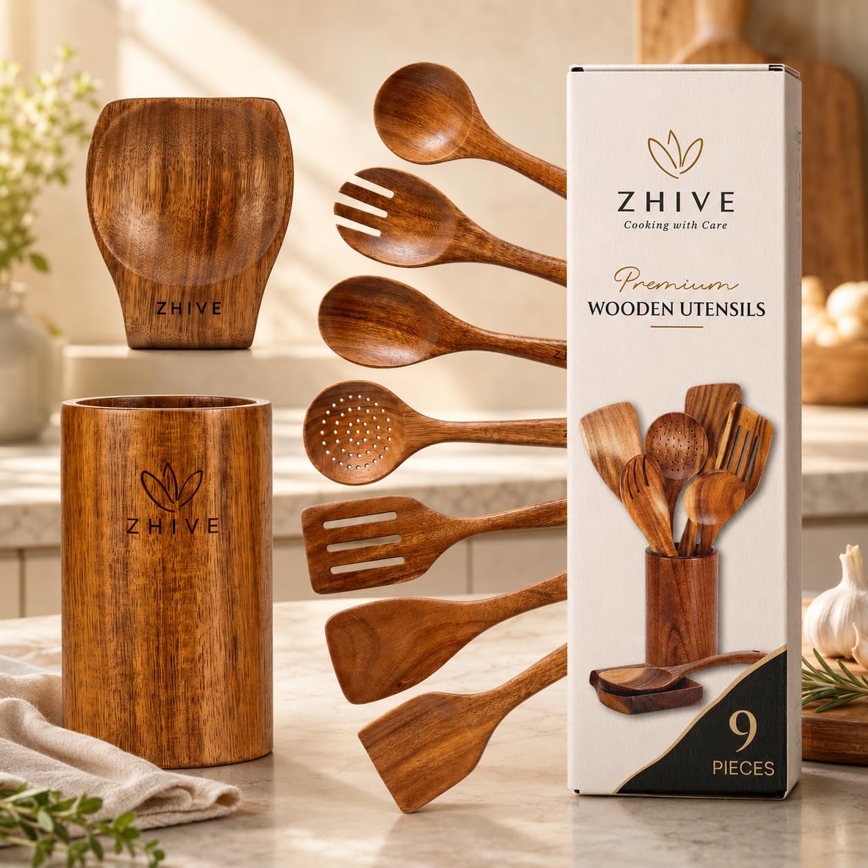 Detalle de ZHIVE Teak Wood Cooking Utensil Set