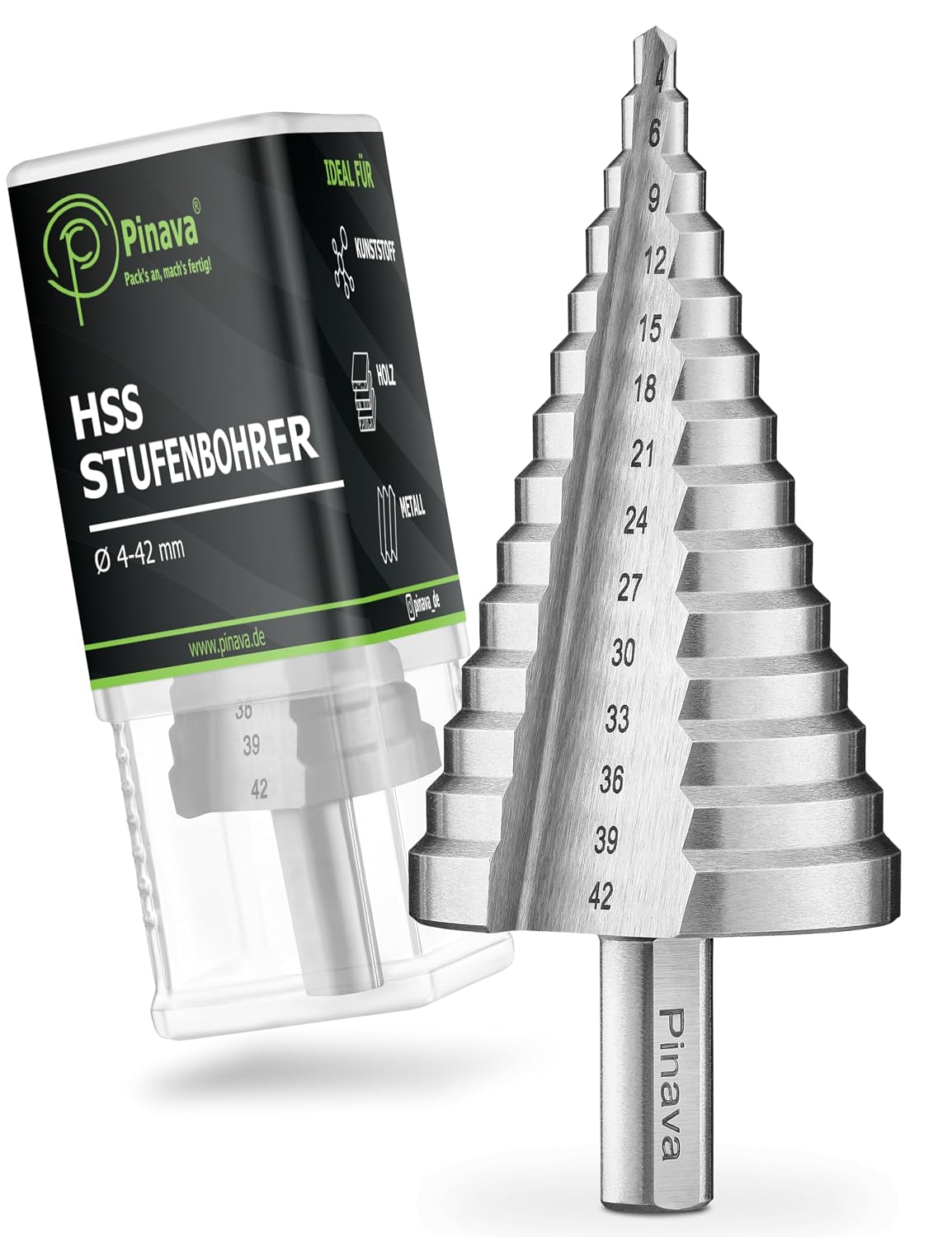 Pinava® HSS Stufenbohrer Ø4–42 mm (14 Stufen) – Kegelbohrer für Metall, Holz & Kunststoff