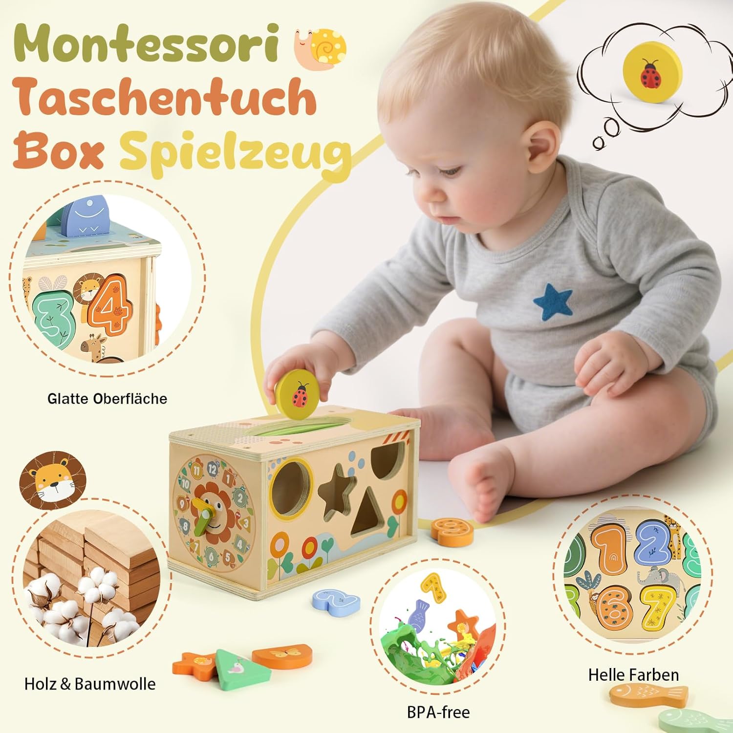 Detalle 2 de Almaxi Montessori 6-in-1 Wooden Tissue Box Toy for 1 Year Olds
