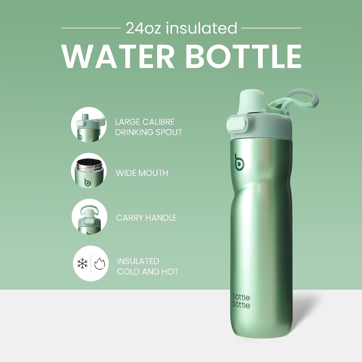 Detalle de BOTTLE BOTTLE Insulated 24 oz Green stainless steel sports water bottle with flip-top lids