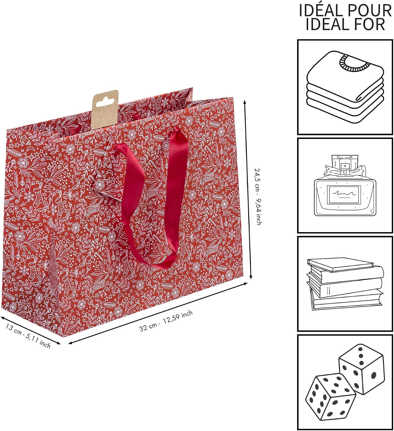 Detalle de Clairefontaine 212917Cpack – Lot de 5 Sacs Cadeaux Premium Format Shopping 32x13x24,5 cm, Rouge & Blanc