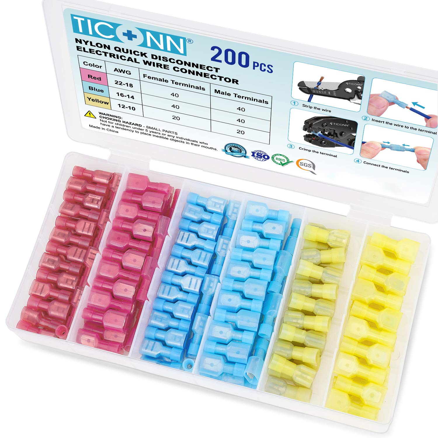 Detalle de TICONN TICONN-244-NL200 Spade Connector Kit, 200-Piece Nylon-Insulated Crimp Terminals