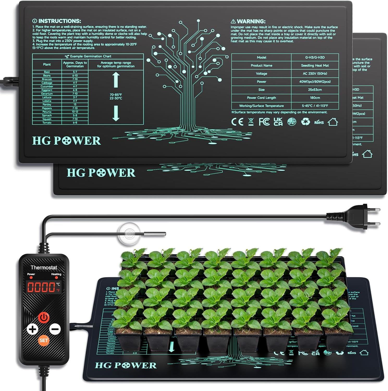 HG Power Tapis chauffant avec thermostat 110W – lot de 2 (53 x 25 cm) avec contrôleur
