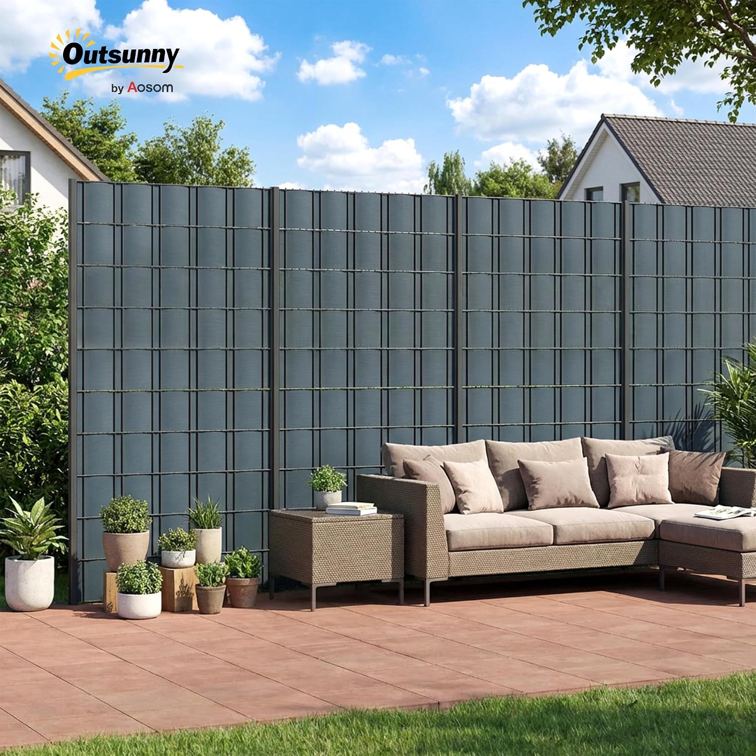 Detalle de Outsunny Privacy Garden Screen Fence, 450gsm PVC, Waterproof, UV-Resistant, Grey