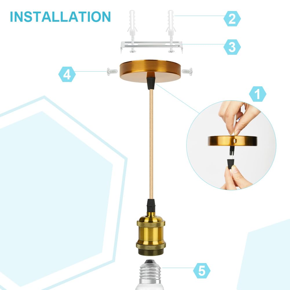Detalle 2 de AUAUY E27-hanglampfitting goud met schroefring en verstelbaar snoer van 90 cm