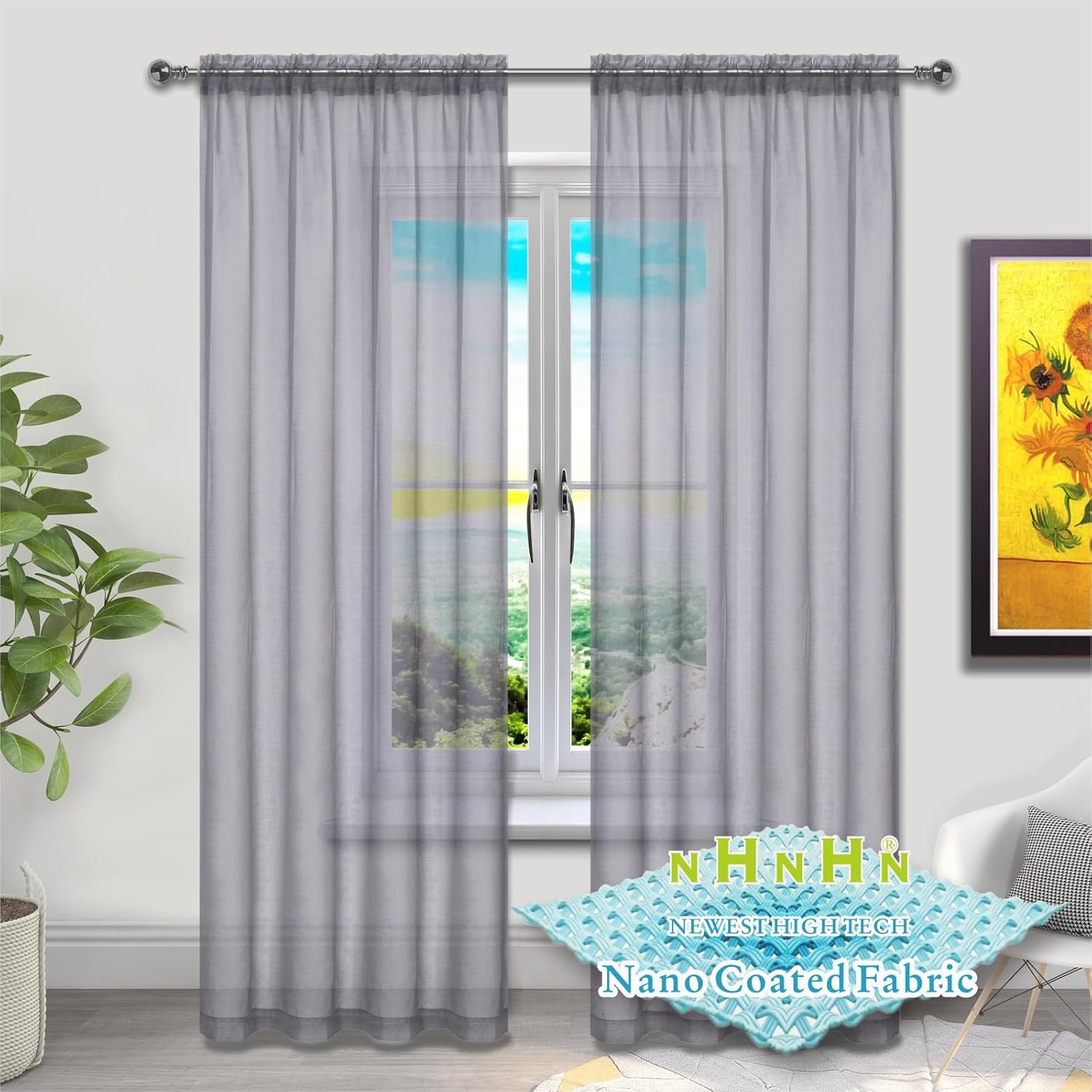 Thumbnail 6 de NHNHN Nano Material Coated Voile Sheer Curtains: 2 Panels, 52" Wide x 84" Drop, White