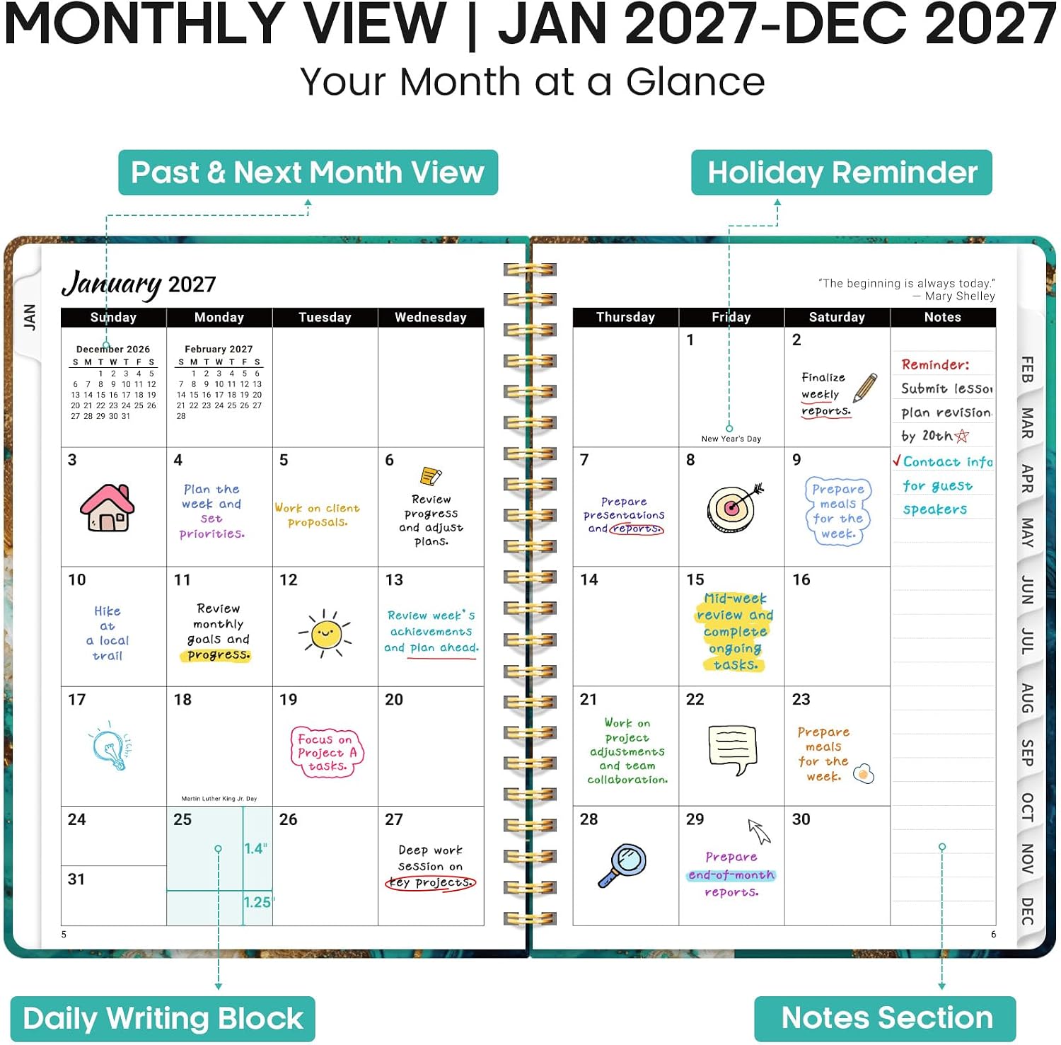 Detalle 2 de JEJEGO J003-2627F-A5-E 2027 Weekly and Monthly Planner, Hardcover, Spiral-Bound