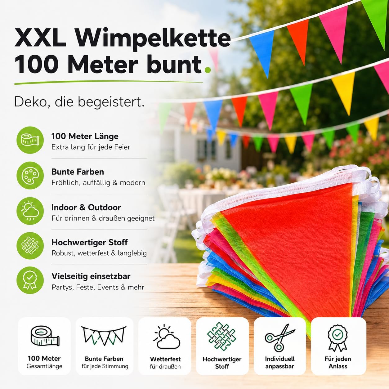 Detalle de XXL Wimpelkette Stoff 100 Meter bunt – Girlande & Banner für Indoor und Outdoor Deko