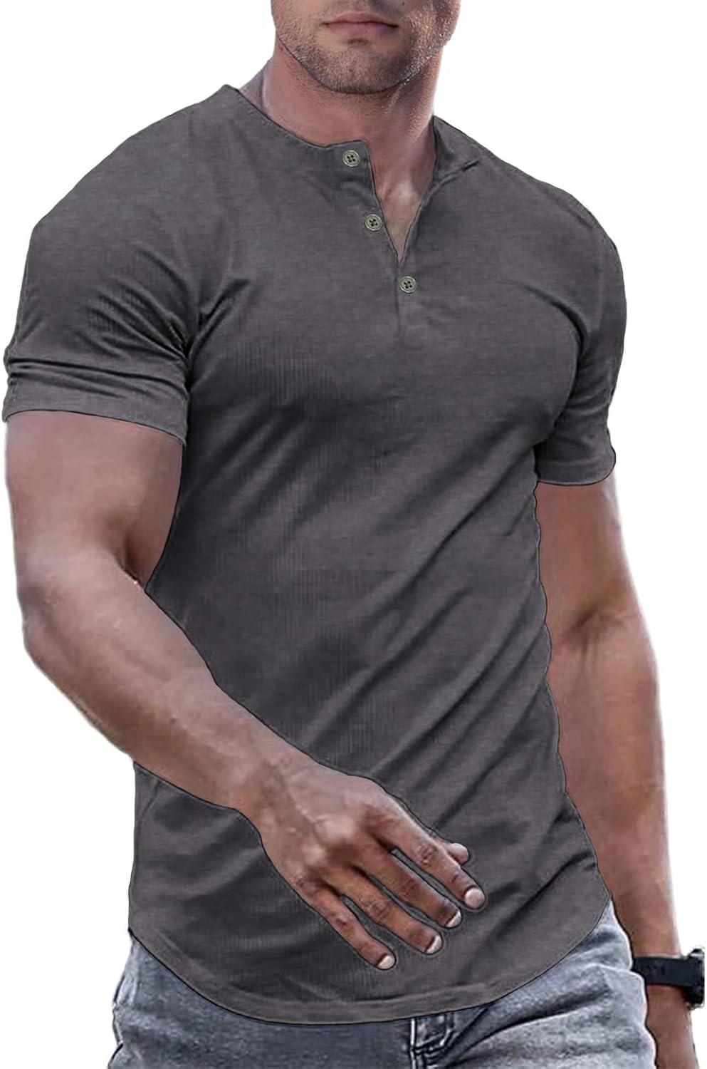 Detalle de JMIERR Men’s Muscle Slim Henley T-Shirt (Crewneck Longline) with Button Placket