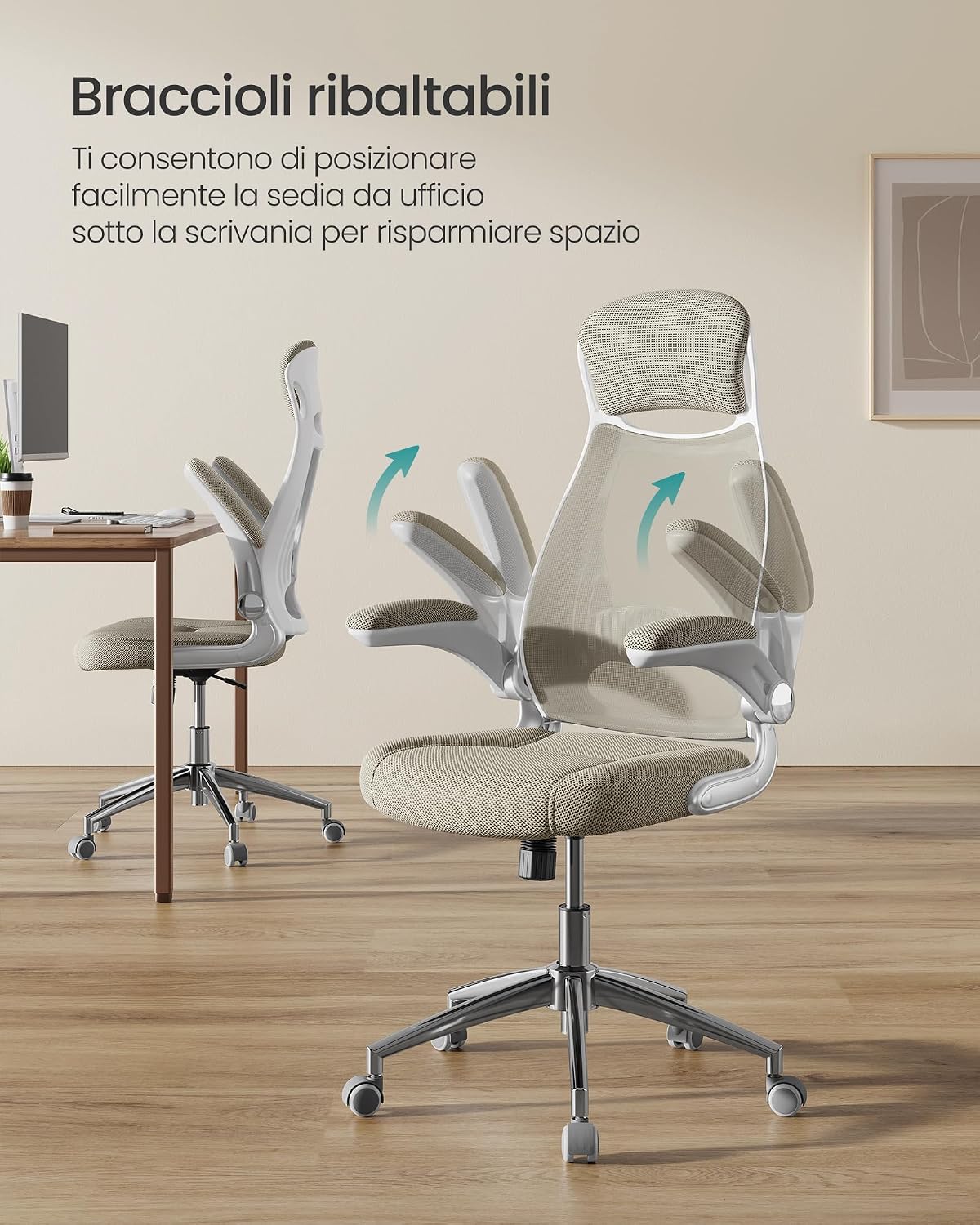 Detalle de SONGMICS Sedia da Ufficio OBN086K01 Beige Cappuccino con poltrona girevole, braccioli ribaltabili e poggiatesta