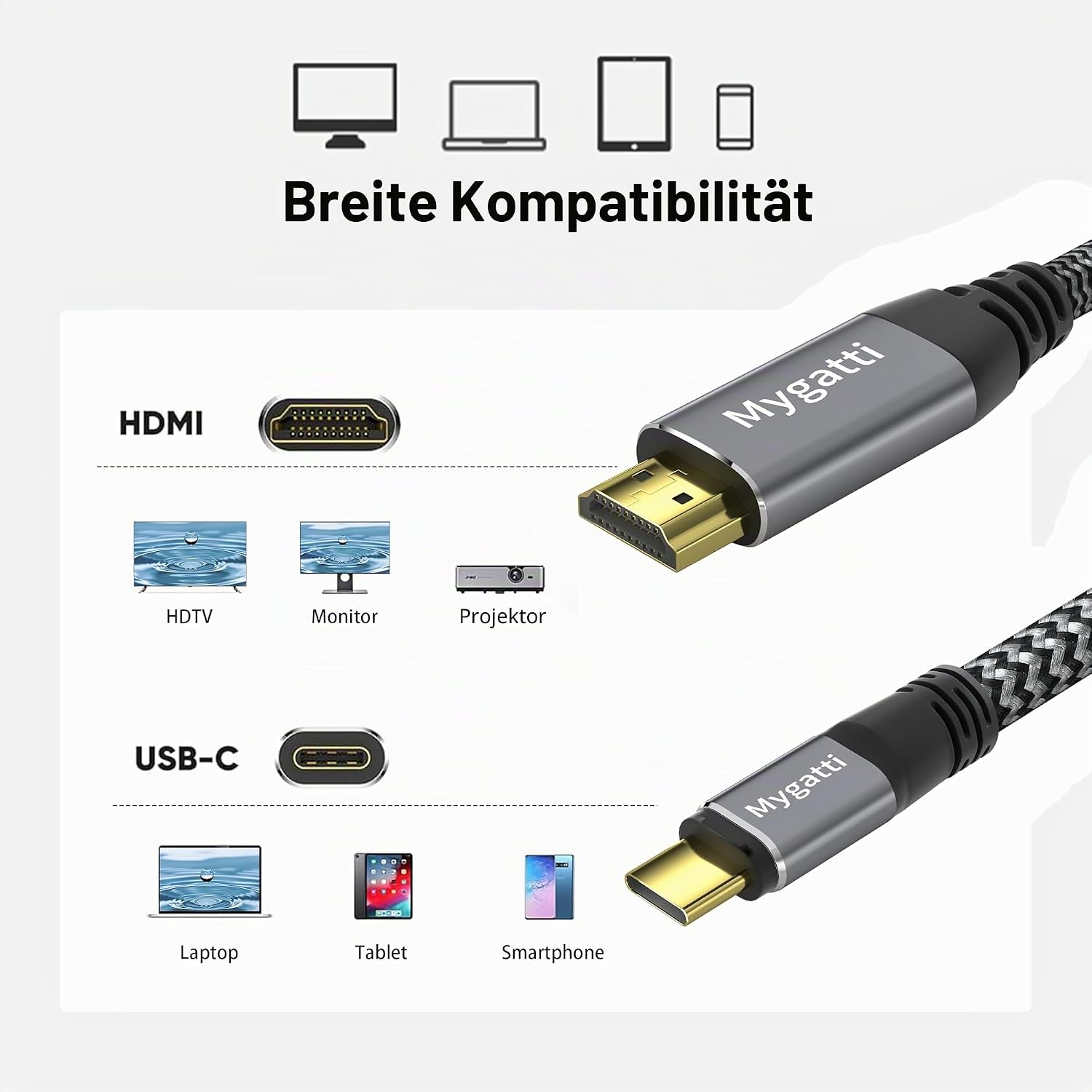 Detalle de Mygatti USB‑C auf HDMI Kabel 1,5 m – 4K UHD, mit 90°/270° Adapter, kompatibel mit iPhone 15/16/17 und MacBook