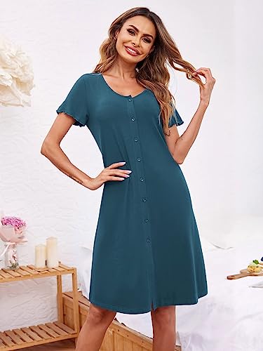 Thumbnail 3 de Ekouaer Vestito da Notte Donna – Camicia da Notte Bottoni, Maniche Corte, Blu Verde, Taglia L