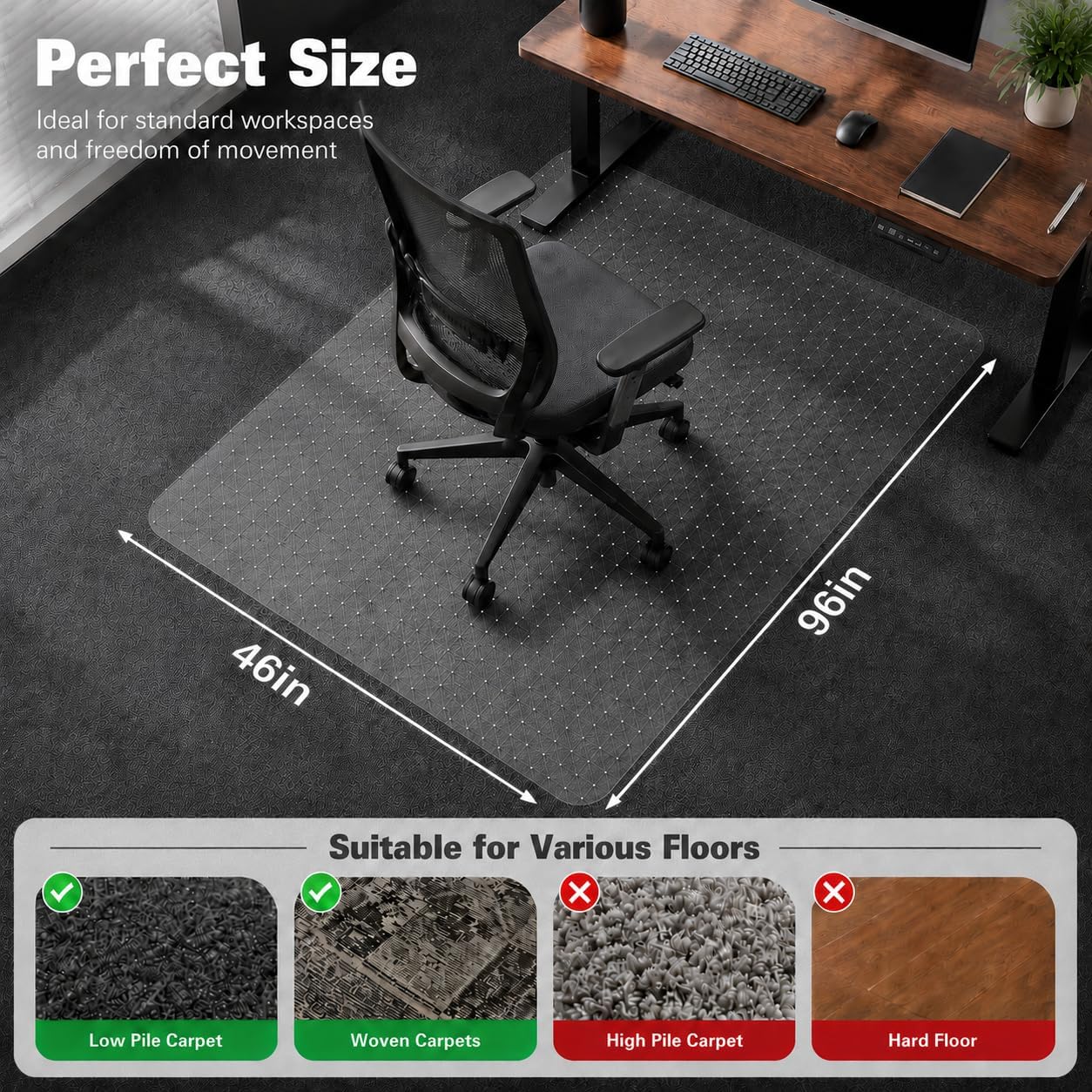 Detalle de LeapYouth 46 x 96 Inch Clear PVC Chair Mat for Low-Pile Carpet