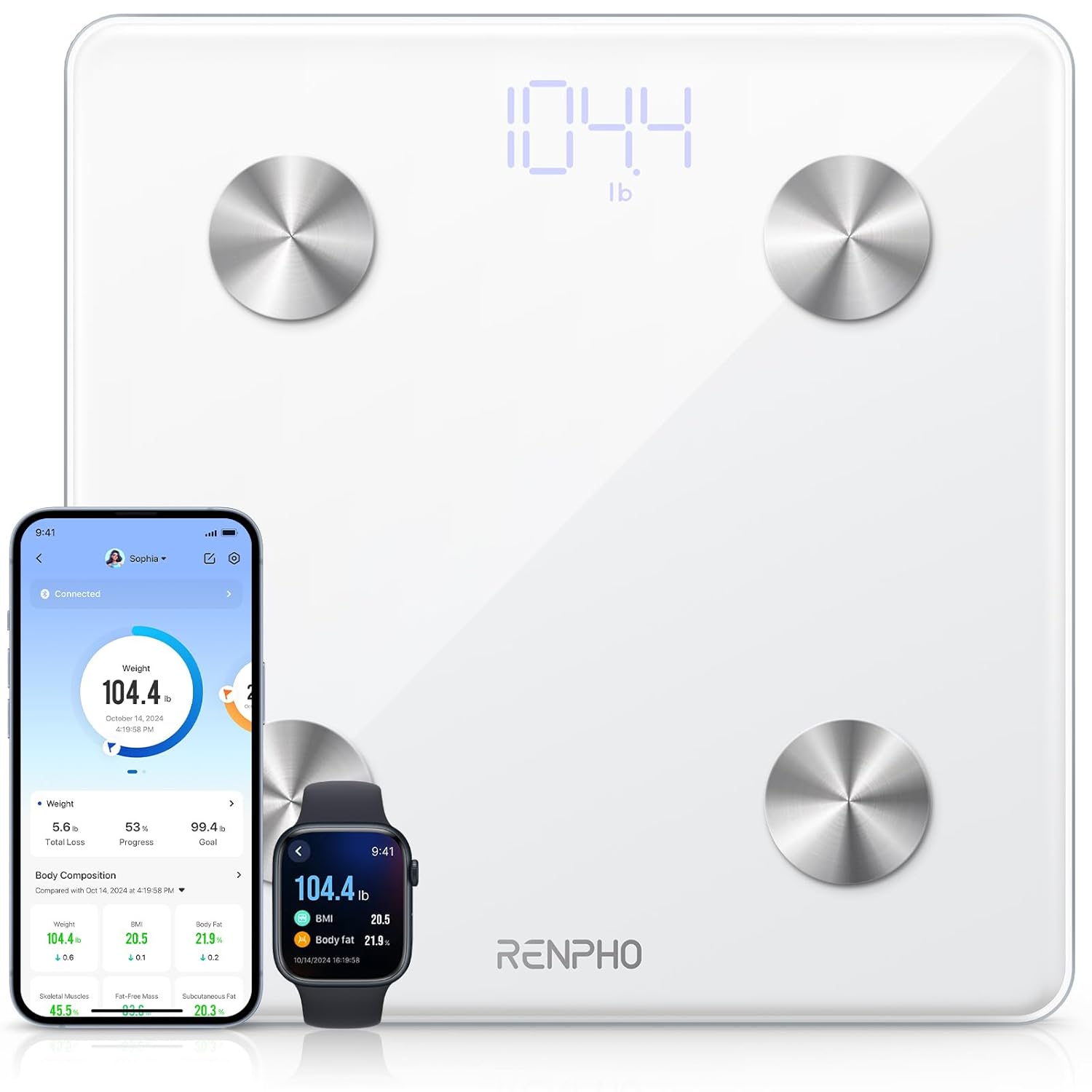 Detalle de RENPHO ES-CS20M-W Smart Body Fat Scale, 13 Metrics, Bluetooth, 180 kg