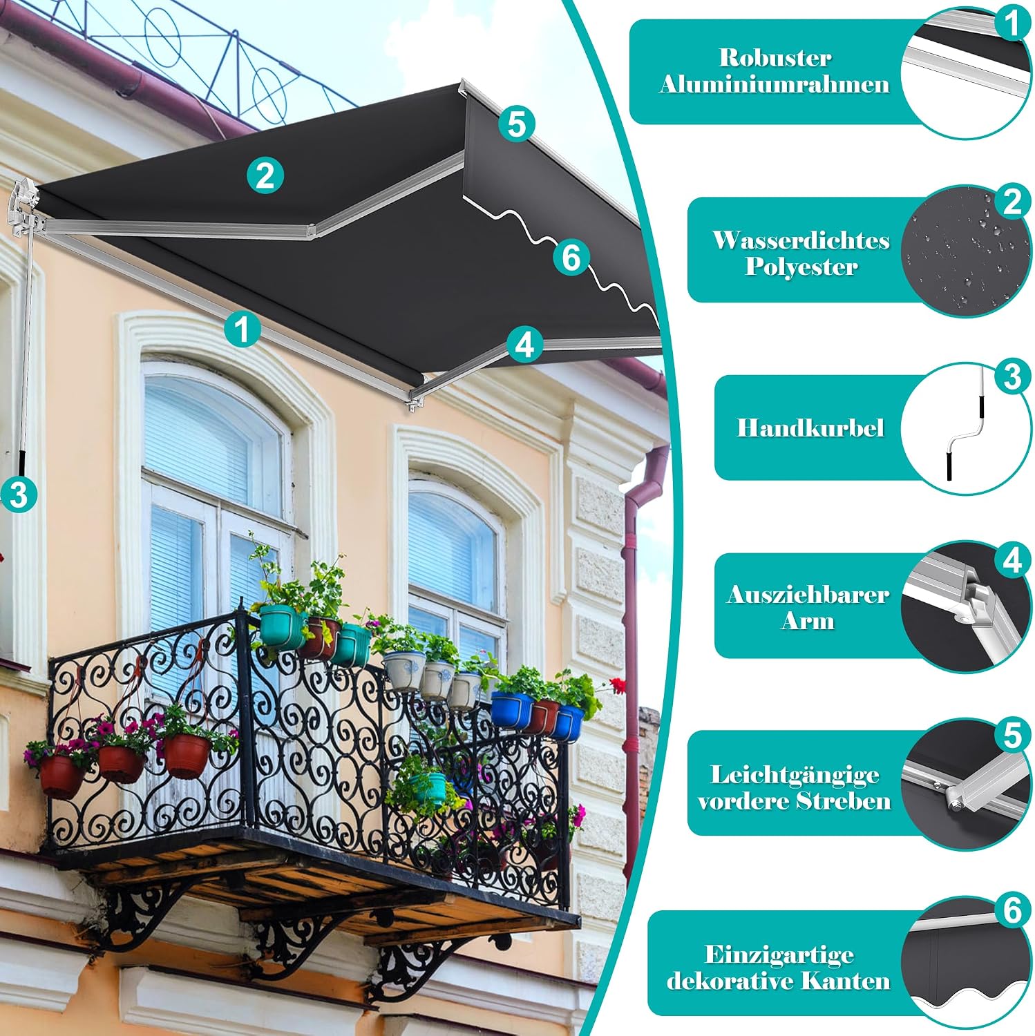 Detalle de UISEBRT UIS-HAG8114B Balcony Awning, 360 x 300 cm, Manual, Dark Grey