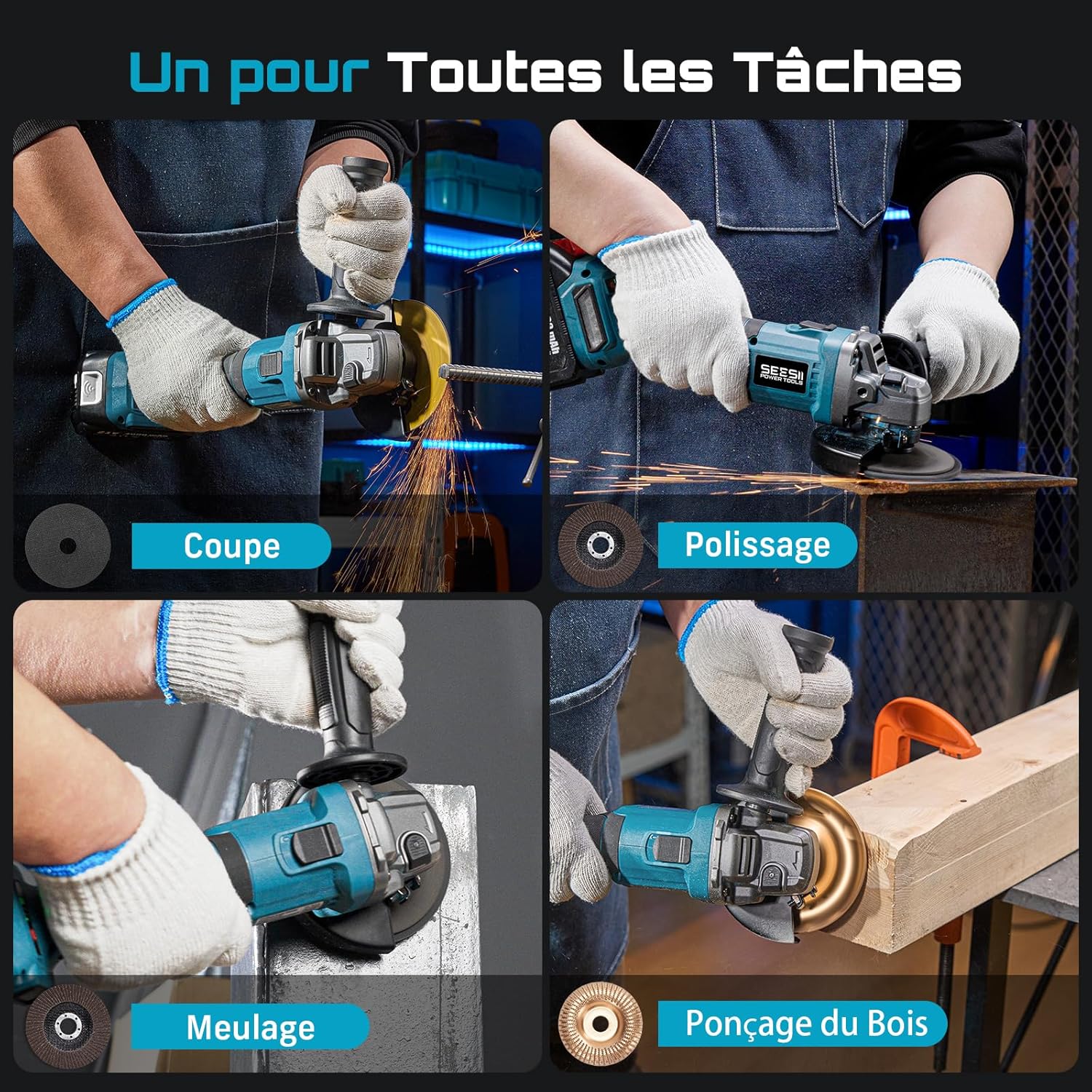 Thumbnail 5 de SEESII Meuleuse d'angle sans fil 125 mm 2x4000 mAh