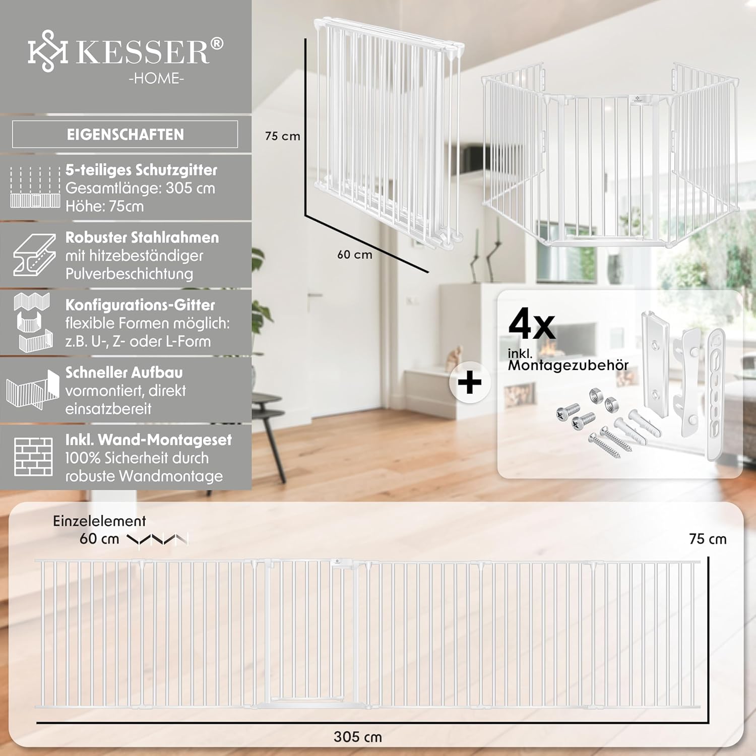 Thumbnail 1 de KESSER Kaminschutzgitter mit Tür 305 cm – stabiles Metallgitterset (5 Teile) mit Tür, Weiß