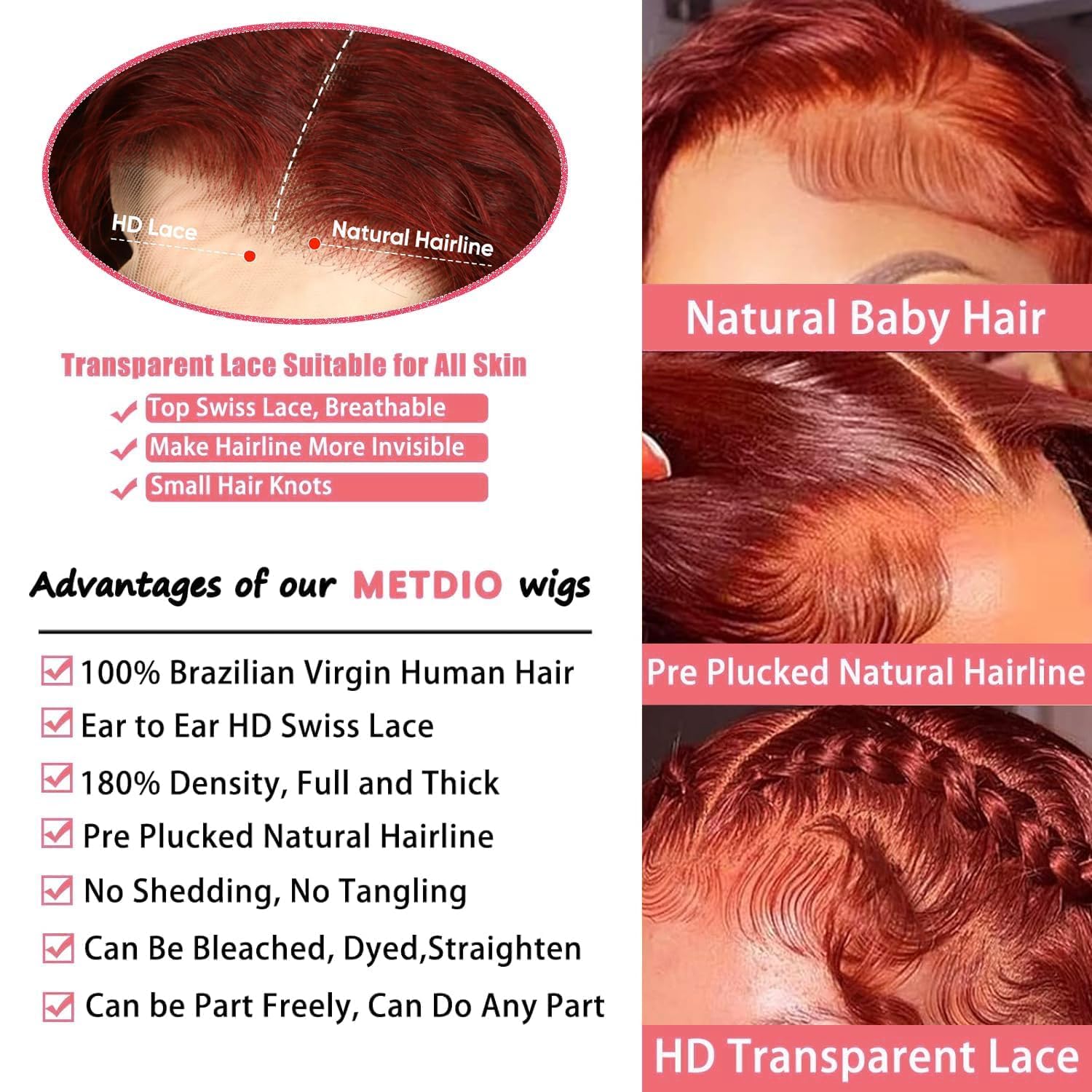 Thumbnail 1 de METDIO Reddish Brown Lace Front Wig 13x6 Body Wave, 180% Density, 26 Inch, 100% Human Hair