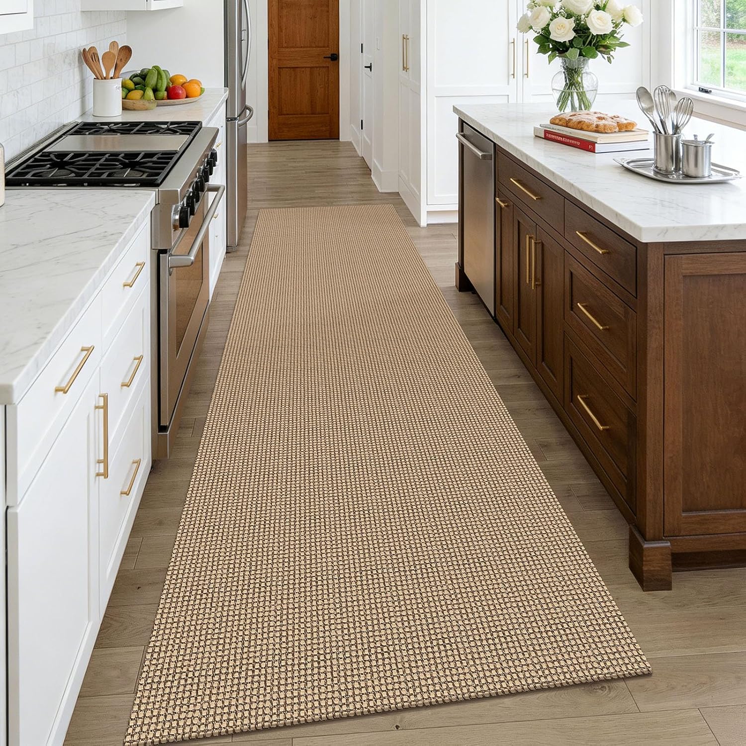 Detalle de KOZYFLY Boho Braided Runner Rug 3 x 10 ft with Non-Slip Rubber Backing (Tan/Orange/Brown)
