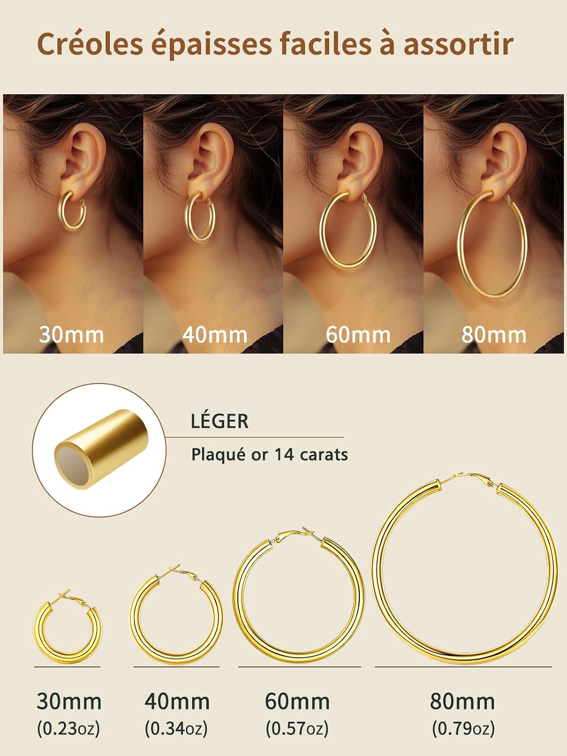 Detalle 2 de FindChic Créoles acier inoxydable femme 20/30/40/60/80 mm — argenté, doré ou noir, fermoir à homard