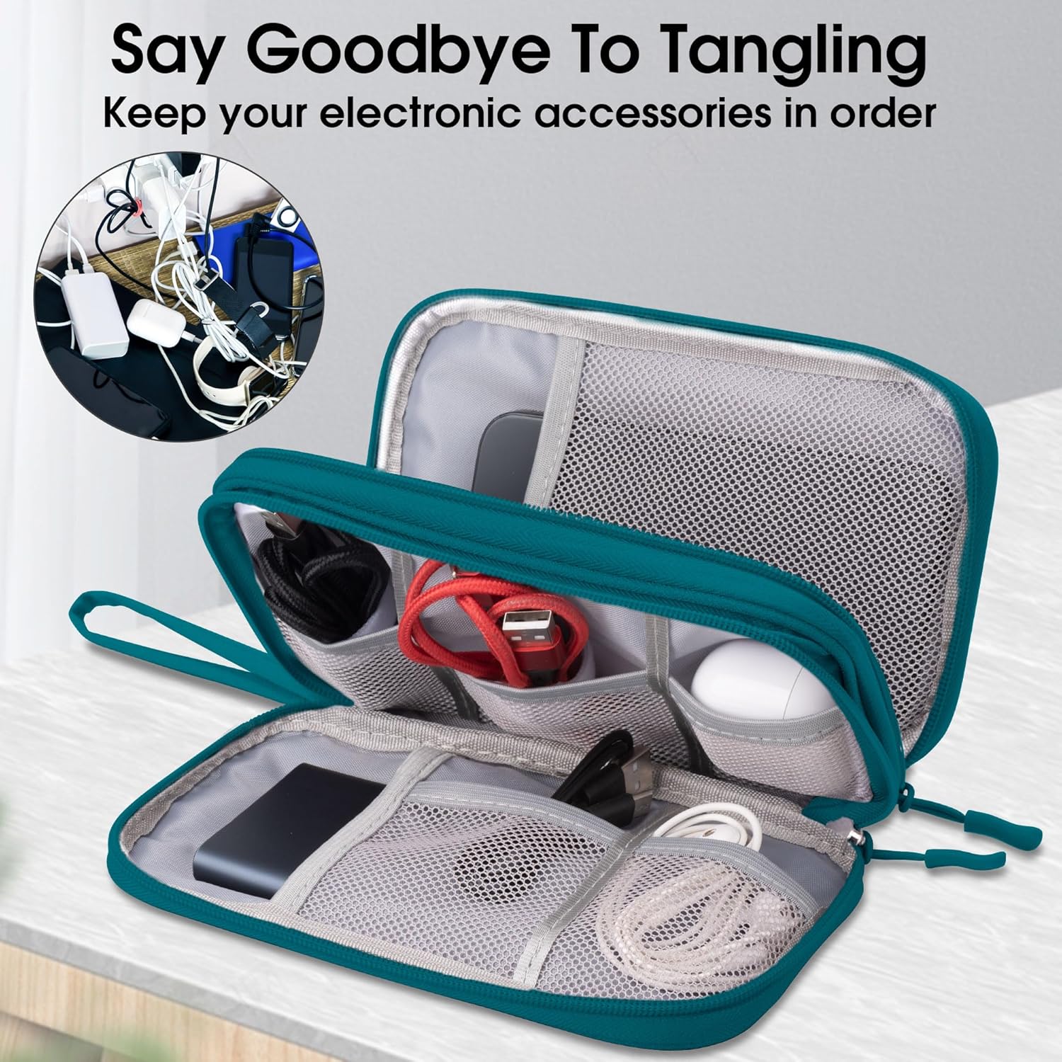 Detalle de Arae Electronic Accessories Organizer Bag (Dark Green, S) for Cables, USBs and Chargers