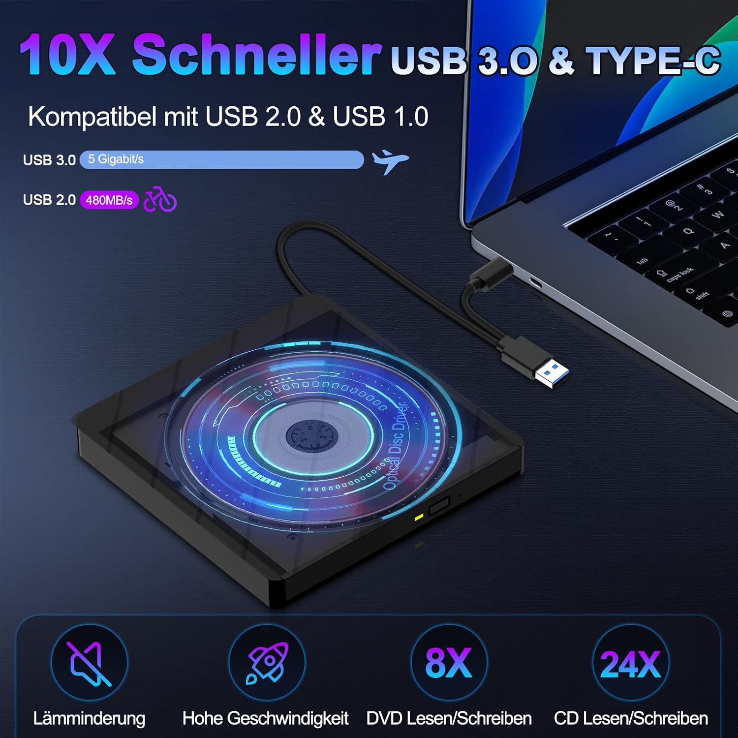 Detalle de 8-in-1 Externes DVD-Laufwerk für Laptop mit USB 3.0 ⌚🎬