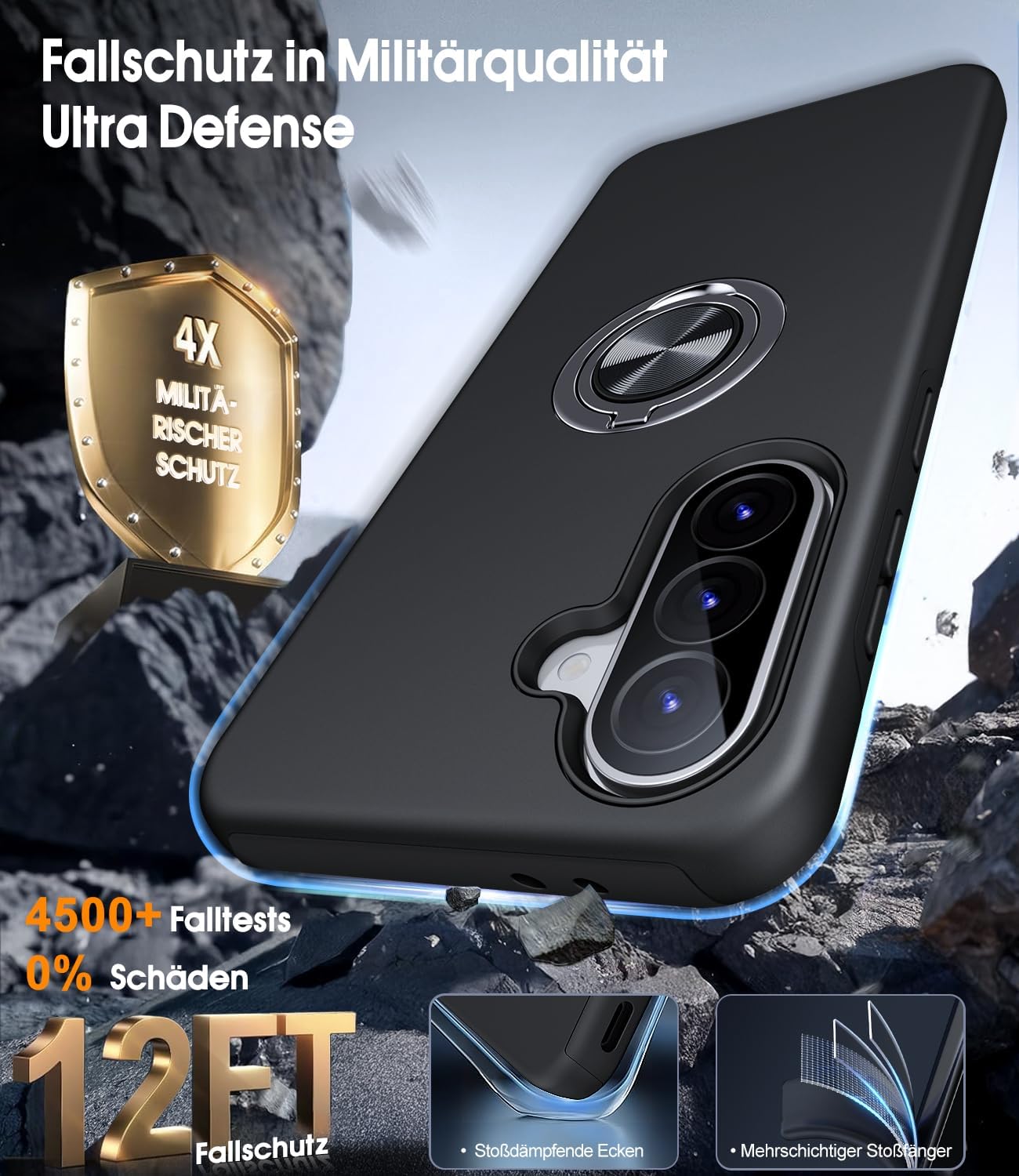 Detalle de AOUIA Hülle für Samsung Galaxy A37 5G mit 2 Panzergläsern, 3-in-1 Set und 360° Ring-Kickstand (schwarz)