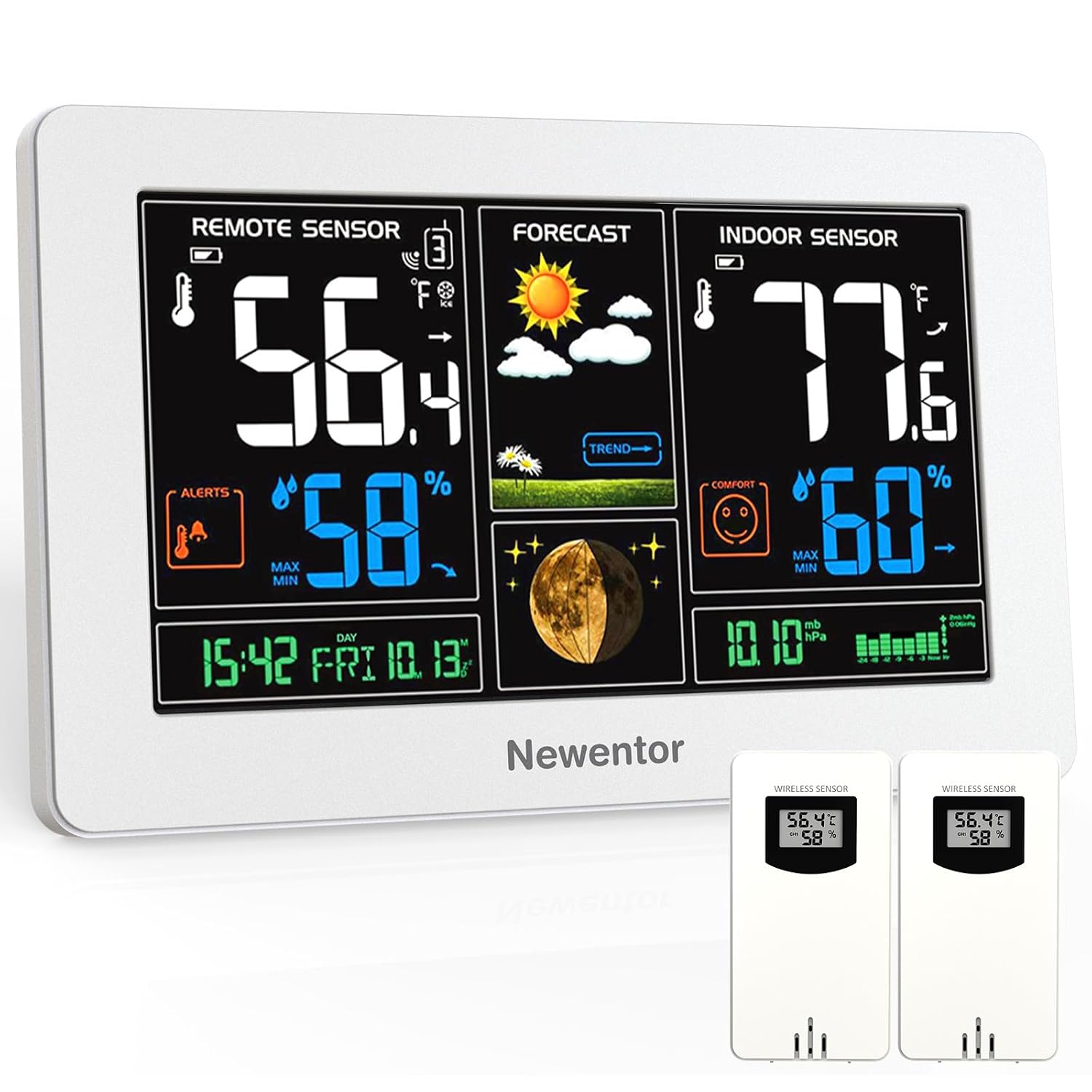 Detalle de Newentor 2-Sensor Wireless Weather Station, White Color Display and Atomic Clock