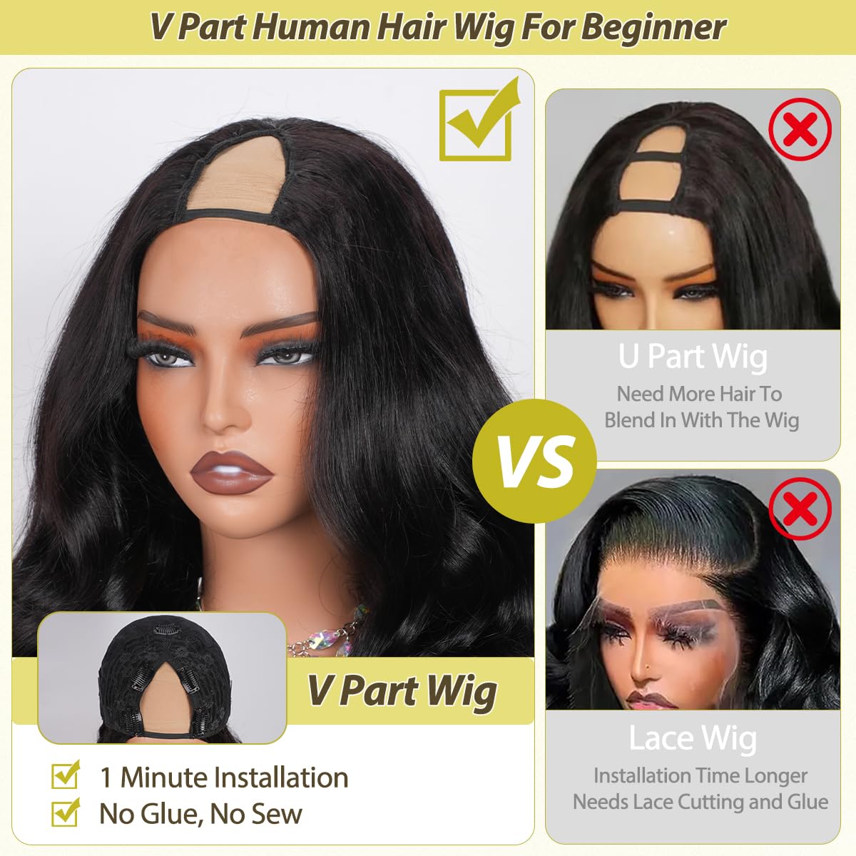 Thumbnail 4 de Omeself V Part Wig Human Hair Body Wave 200 Density – U Part, Glueless, Drawstring, 22 Inch
