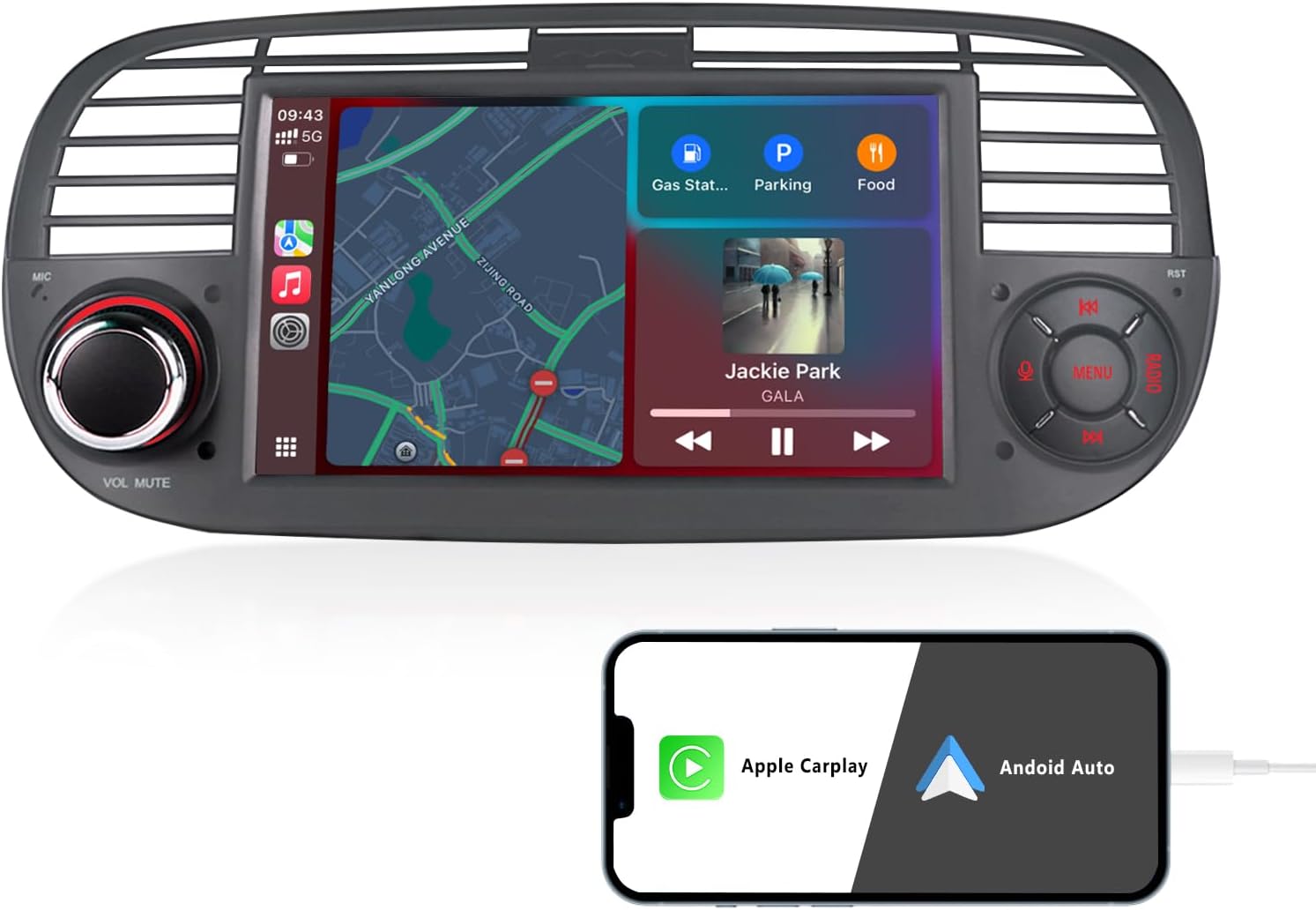 Detalle de Autoradio per Fiat 500 2007-2015 con Car Play/Android Auto wireless, SWC, USB e Mirror Link
