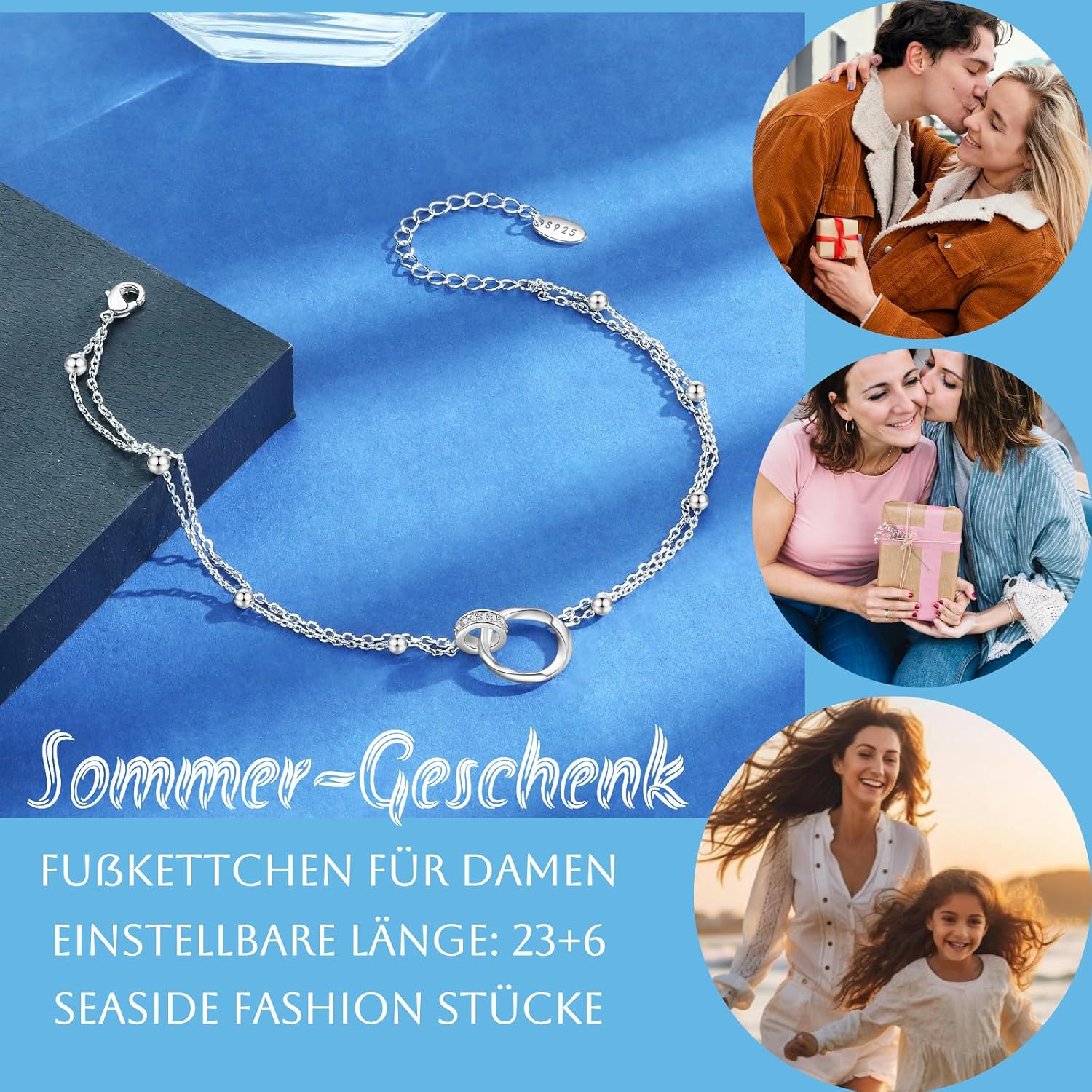Thumbnail 6 de JBniuay Damen-Fußkettchen 925 Sterling Silber mit Infinity-Herz, verstellbar 23+5 cm