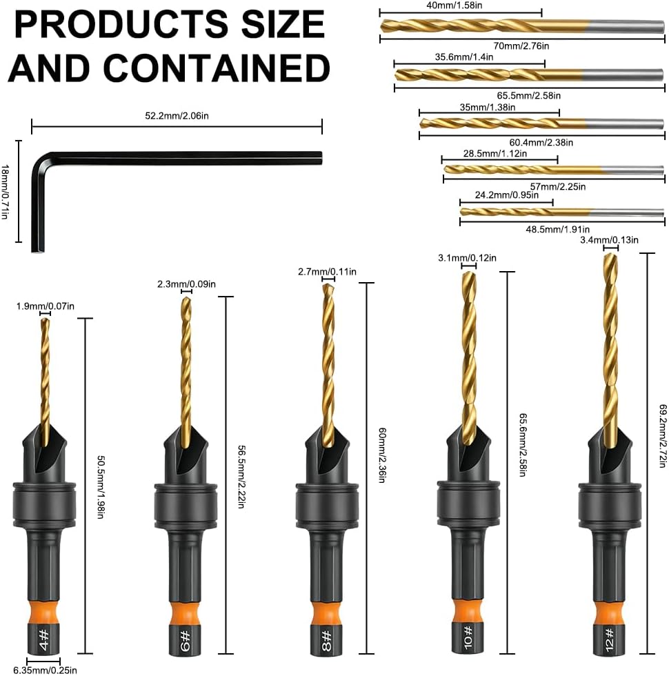 Detalle de Vicloon Countersink Drill Bit Set, 12 PCS – Precision Woodworking Kit with Titanium-Coated HSS Bits