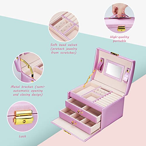 Detalle de Podazz Caja Joyero de 3 Niveles con Espejo y Cerradura – Morado
