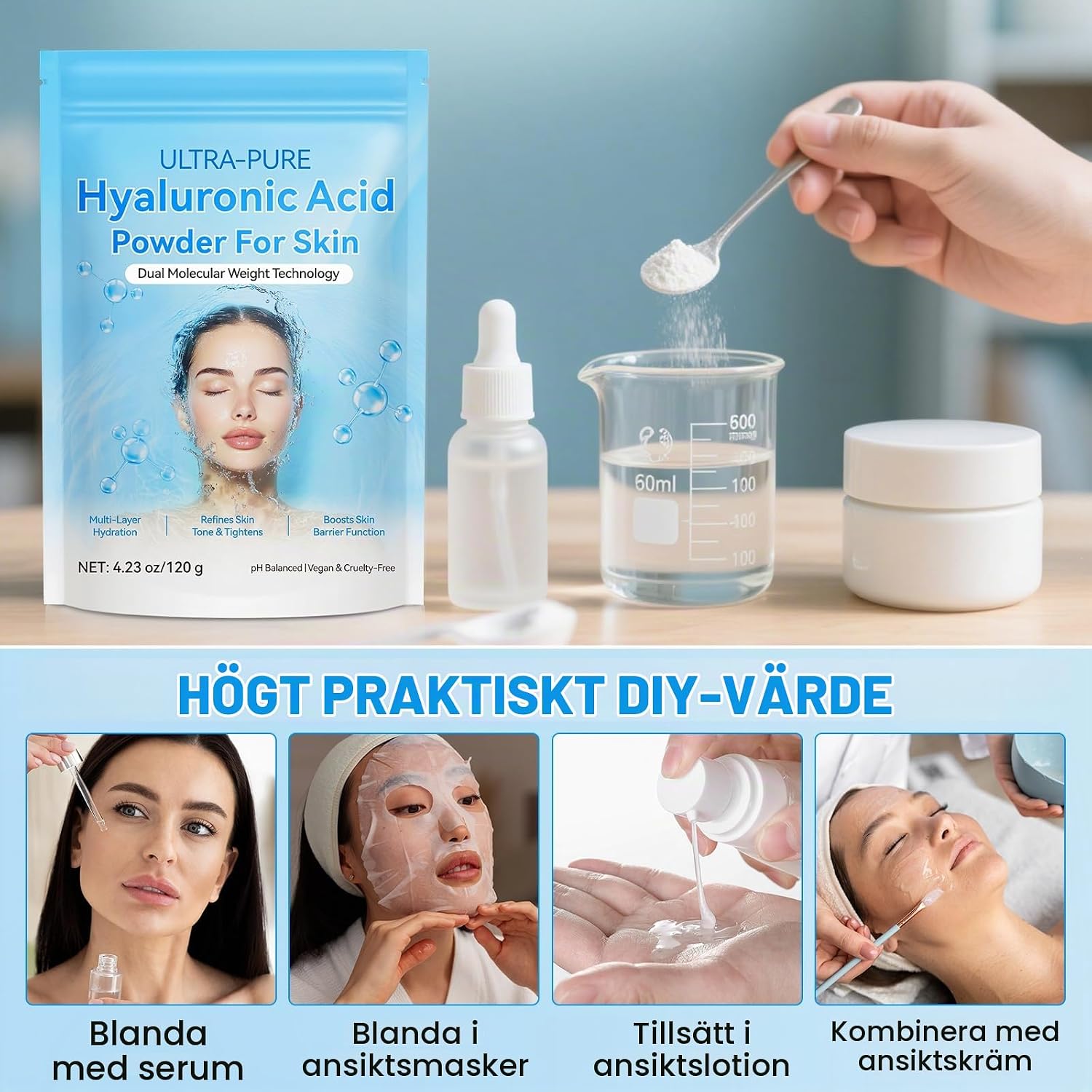 Detalle de OEDPMFYL hyaluronsyrapulver för hudvård, parfymfritt, 120 g