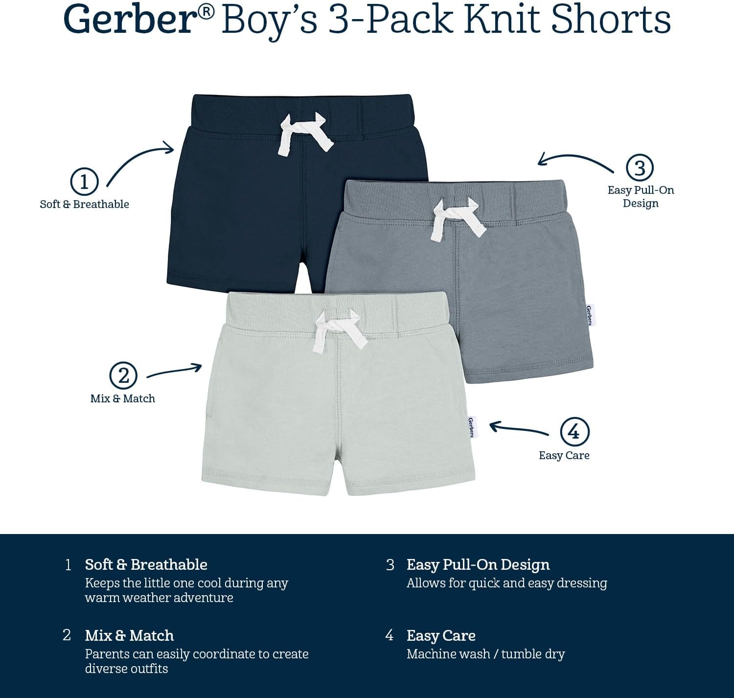 Detalle 2 de Gerber Toddler 3-Pack Pull-on Knit Shorts – Short décontracté pour bébé et tout-petit