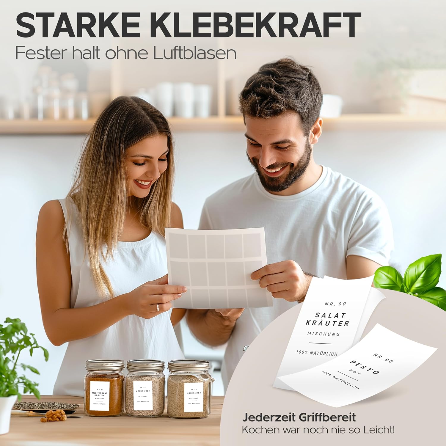 Detalle de Homety Gewürzetiketten selbstklebend (240 Stück) – runde und rechteckige Etiketten für Gewürze, wasserfest