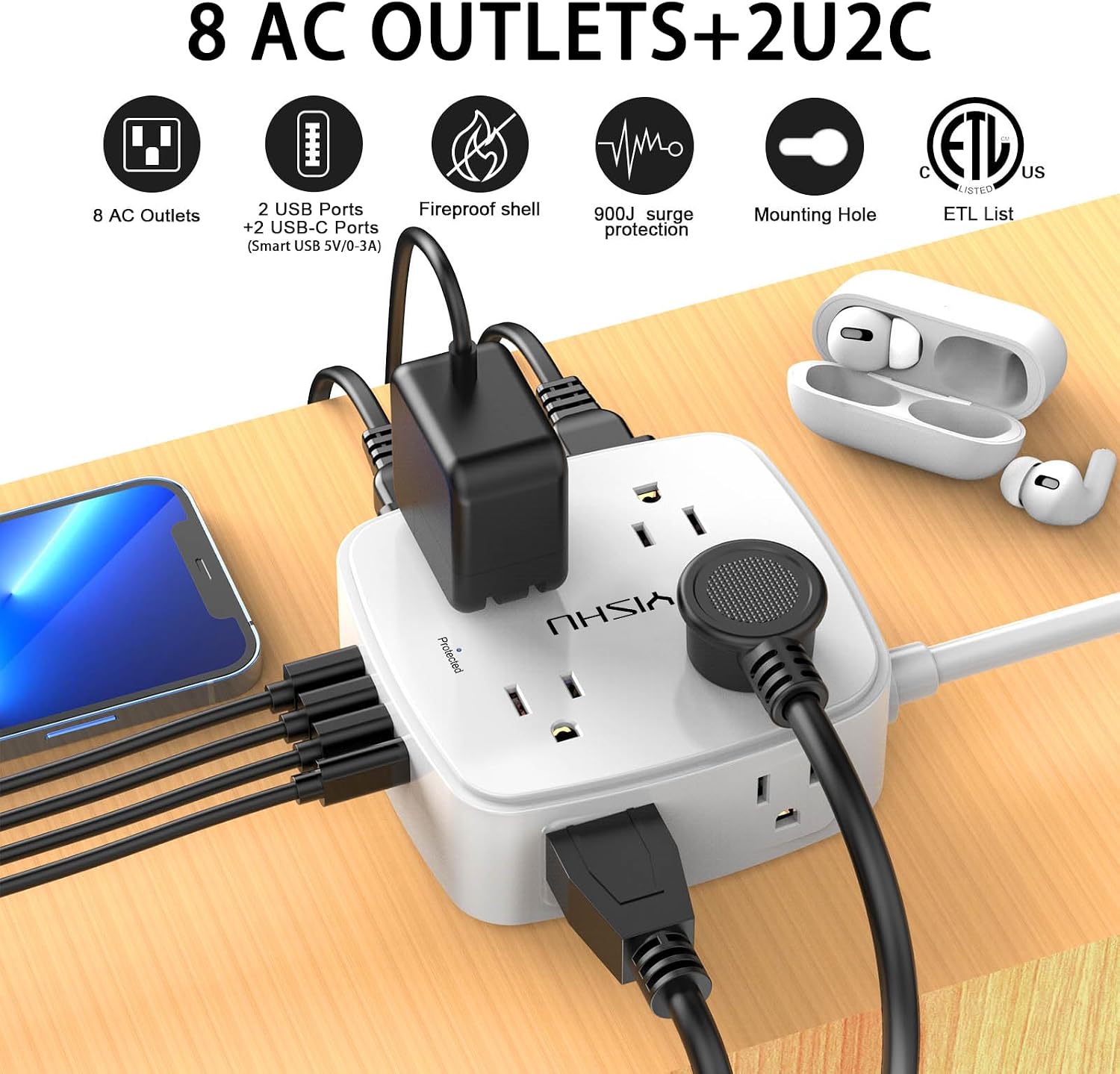 Detalle 2 de YISHU 6Ft Surge Protector Power Strip with 8 Widely Spaced Outlets & 4 USB Ports