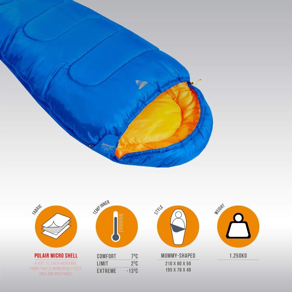 Detalle de Vango Saturn Kids' Sleeping Bag (Atlantic Blue) – 170 x 70 cm, 2‑Season Mummy, Amazon Exclusive