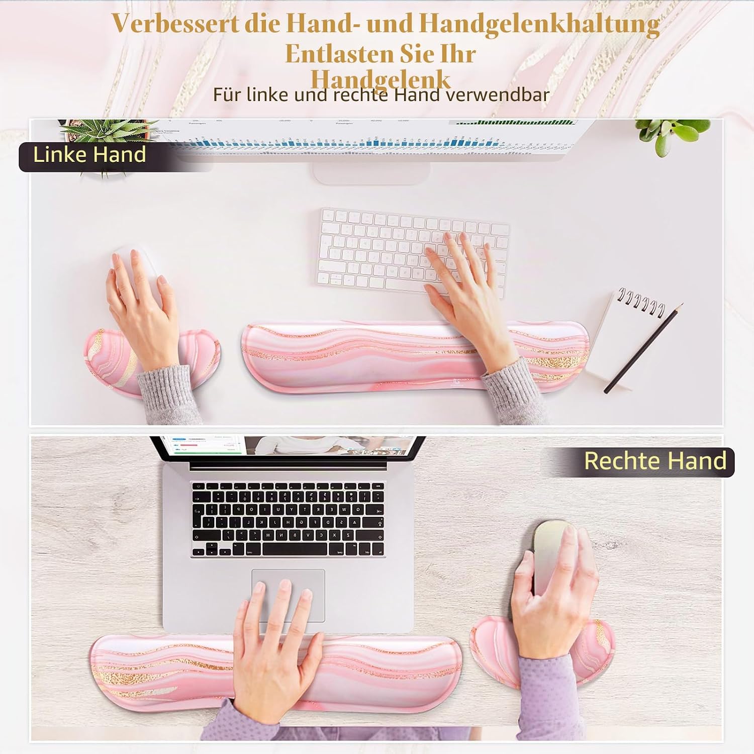 Detalle 2 de Gimars Handballenauflage Tastatur – Ergonomische Tastatur- und Mausauflage mit Memory-Foam, 3 cm Dicke, rosa/gold