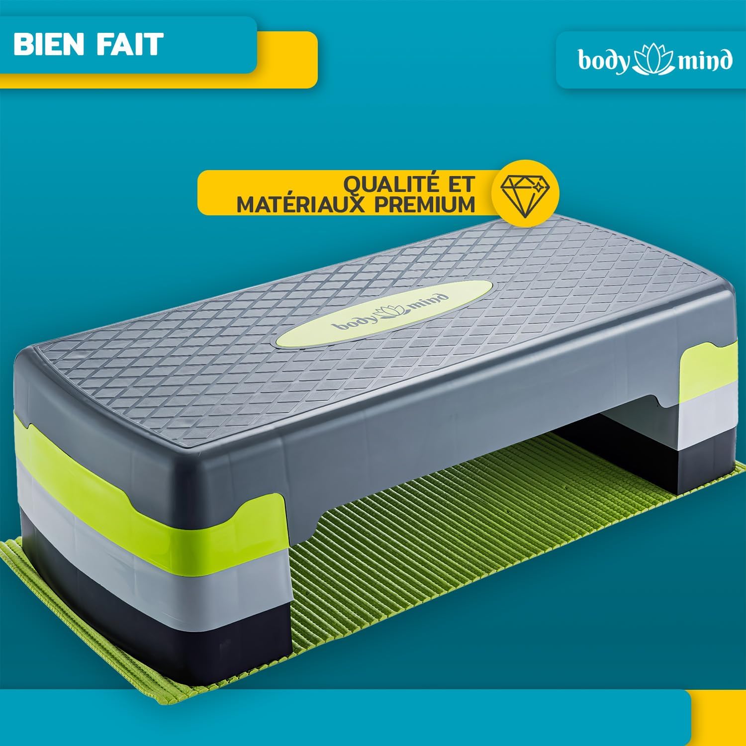 Thumbnail 2 de Body & Mind® Stepboard aérobic Deluxe 2-étapes – Stepper/step-bench avec tapis antidérapant offert