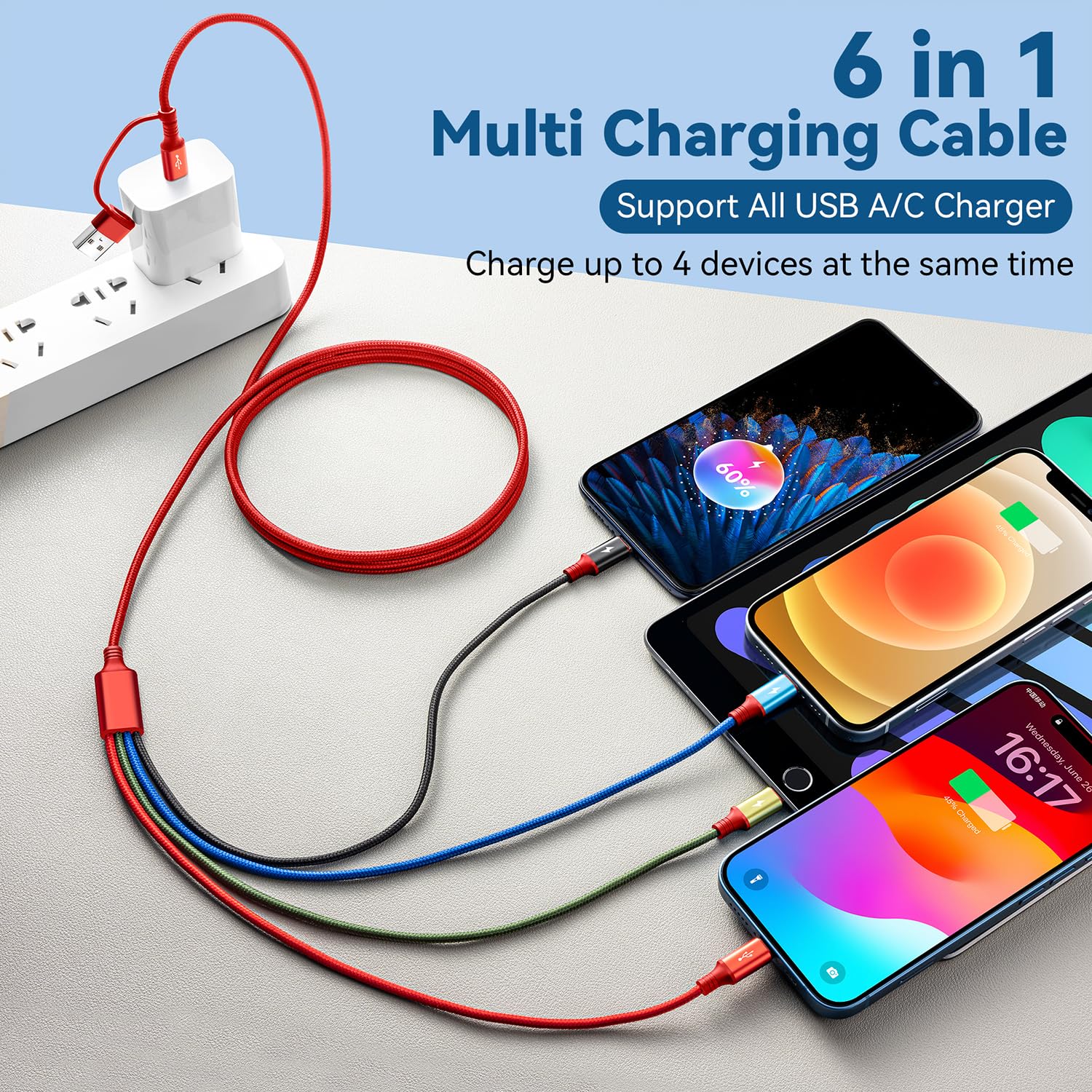 Detalle 2 de Minlu 6-in-1 Multi Charging Cable (2-Pack, 6ft) — 6-in-1 USB A/C to Lightning, USB-C, Micro USB