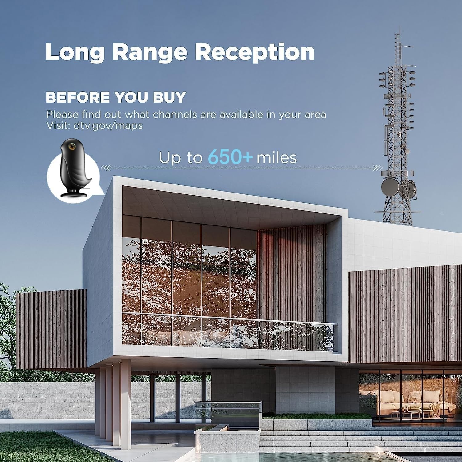 Thumbnail 1 de NGGNGG 650+ Miles Long Range Indoor Digital TV Aerial with Signal Booster (Glossy Black) + 18ft Coax Cable