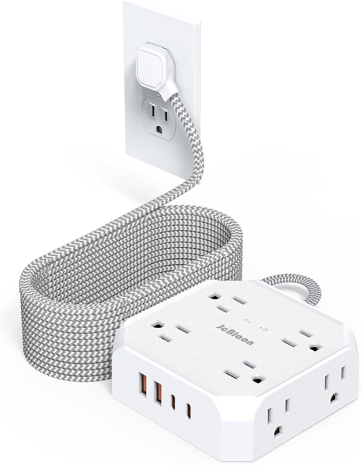 Detalle de JcBlaon 10 ft Flat-Plug Power Strip, 8 Outlets, 4 USB Ports, 1,050 J Surge Protection