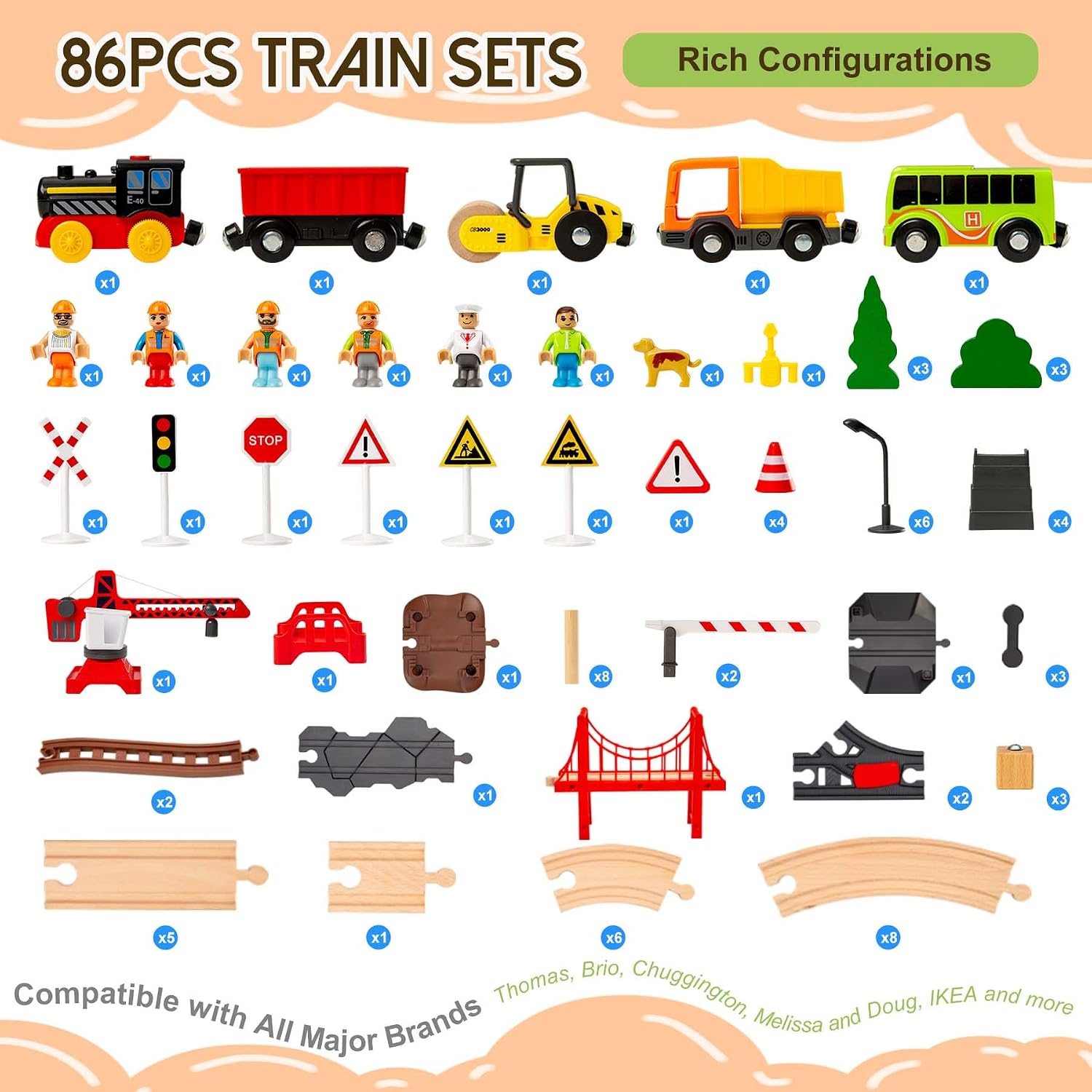 Detalle 2 de 86pcs Wooden Train Set with Crane 360°